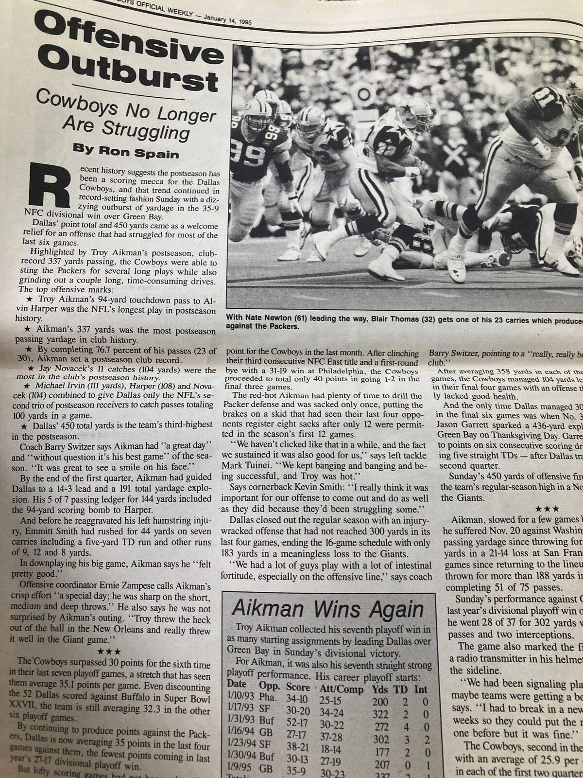 Dallas Cowboys Weekly Newspaper January 14 1995 Vol 20 #31 Troy Aikman - A close-up of the article discussing Troy Aikman's performance and the Cowboys' postseason struggles.