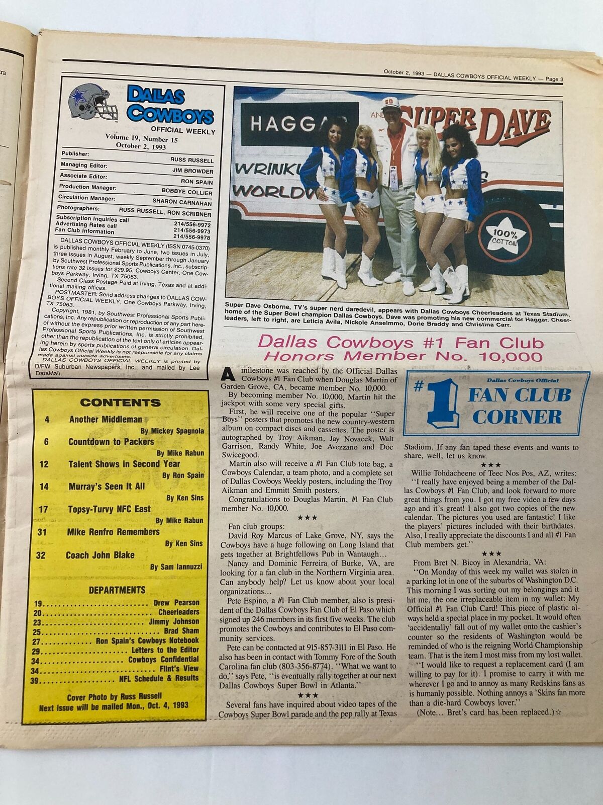 Inside page of Dallas Cowboys Weekly Newspaper October 2 1993 Vol 19 #15, highlighting the Dallas Cowboys #1 Fan Club Member and various articles related to the team.