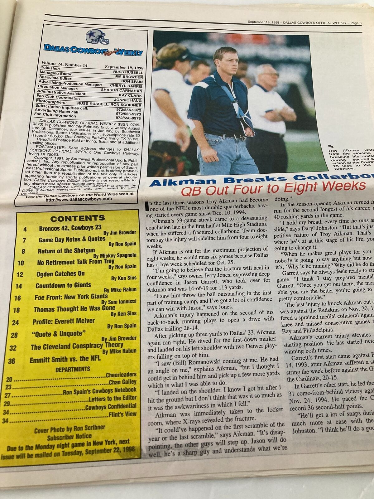 Interior page of the Dallas Cowboys Weekly Newspaper September 19 1998 Vol 24 #14 discussing Troy Aikman's injury and its impact on the team.