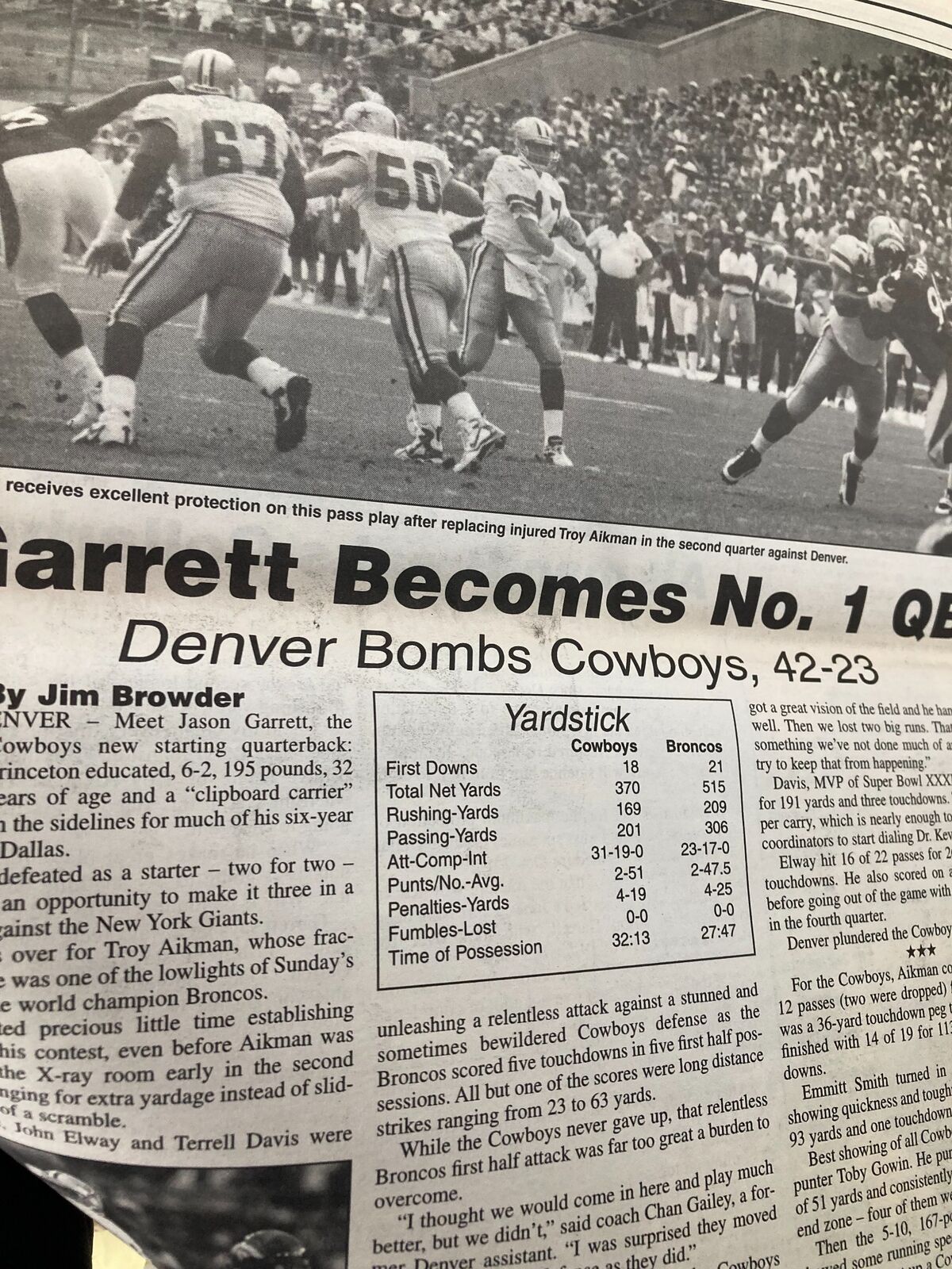Detail from the Dallas Cowboys Weekly Newspaper September 19 1998 Vol 24 #14 featuring Jason Garrett becoming the starting QB, with statistics highlighted.