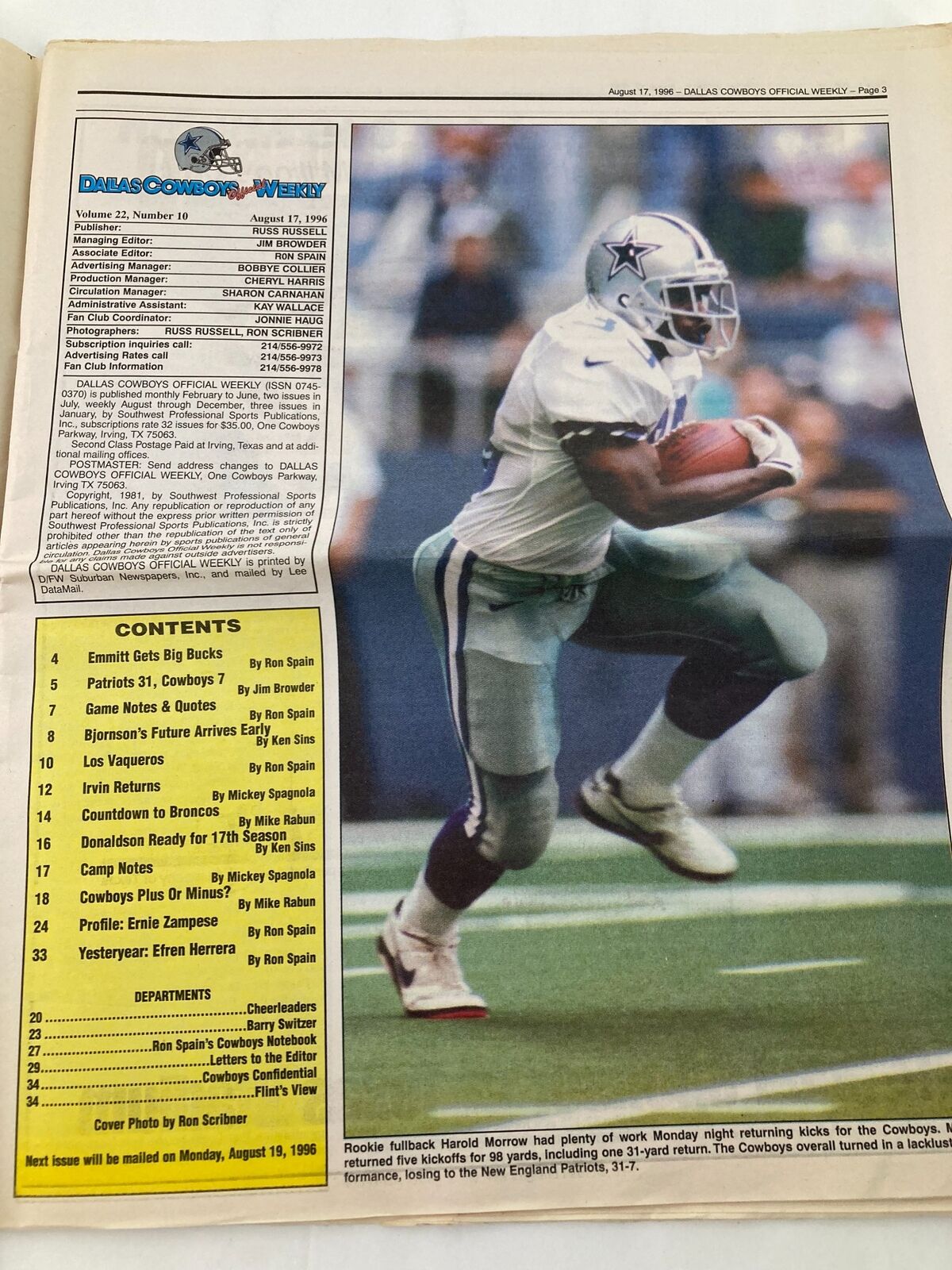 Dallas Cowboys Weekly Newspaper August 17 1996 Vol 22 #10 featuring a player running with the football on the field, highlighting notable moments from the Dallas Cowboys team.