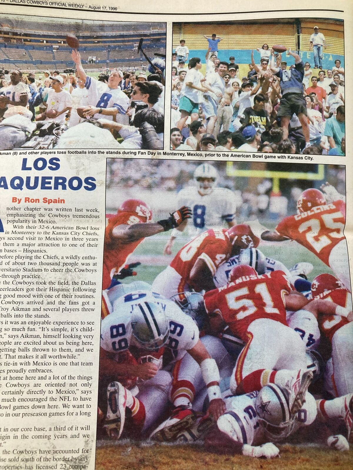 Dallas Cowboys Weekly Newspaper August 17 1996 Vol 22 #10 showcasing fans interacting during Fan Day in Monterrey, Mexico, prior to the American Bowl game against Kansas City.