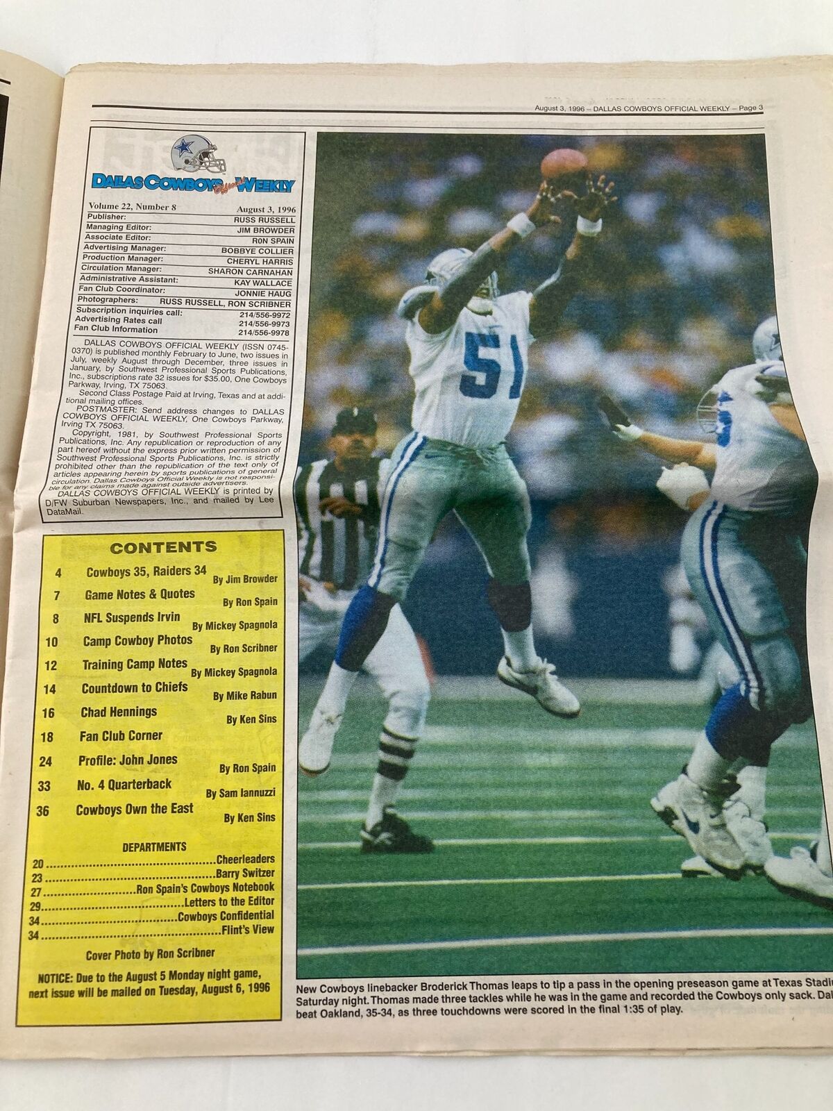 Interior page of Dallas Cowboys Weekly Newspaper August 3 1996 Vol 22 #8 showing player highlights and article content about the Cowboys' game against the Raiders.