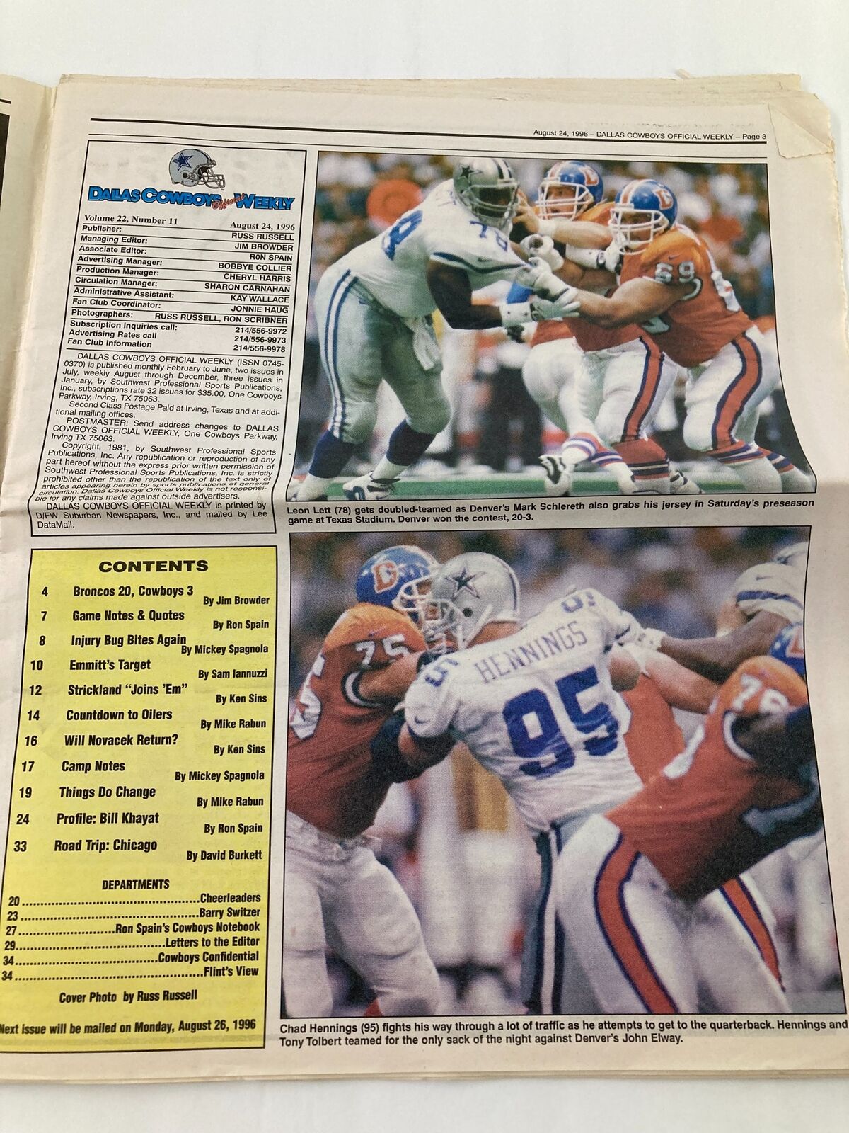Dallas Cowboys Weekly Newspaper August 24 1996 Vol 22 #11 Leon Lett featuring a game moment between the Cowboys and the Broncos, highlighting players in action during the preseason.
