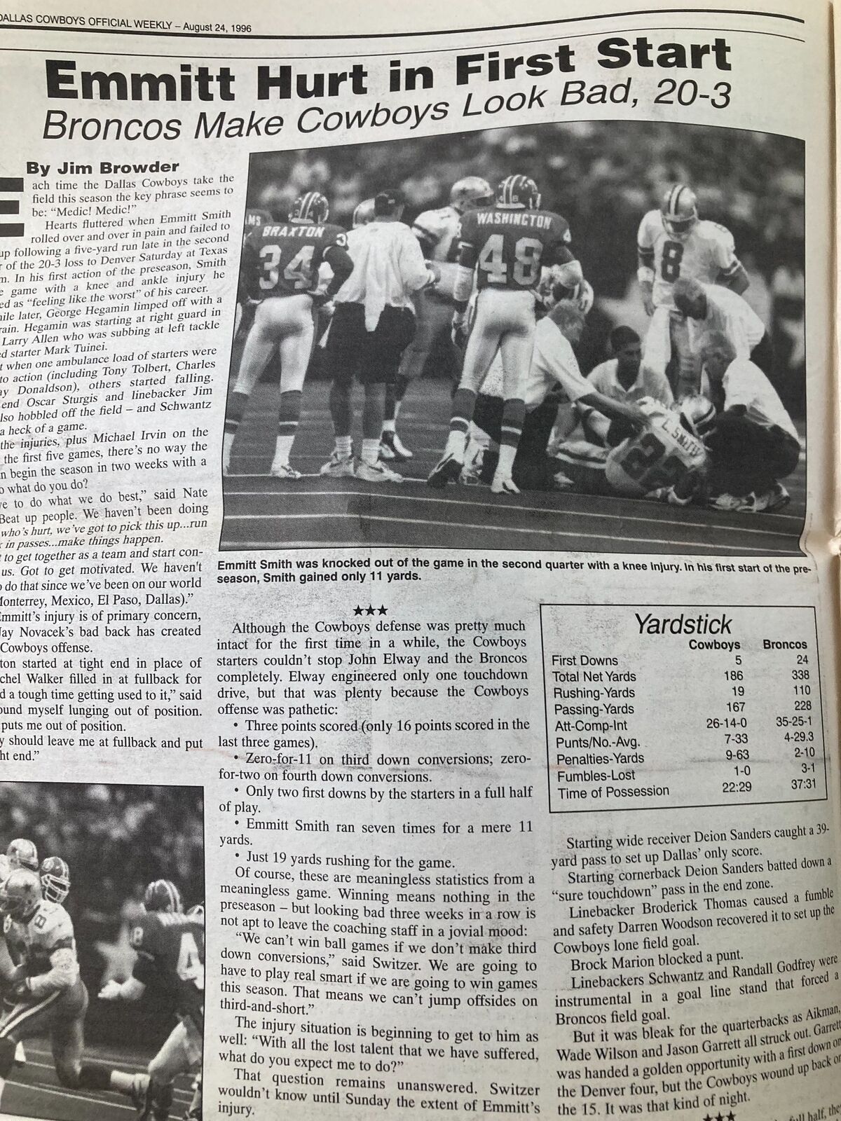 Dallas Cowboys Weekly Newspaper August 24 1996 Vol 22 #11 Leon Lett showing an article about Emmitt Smith's injury during the game against the Broncos, including statistics and analysis.
