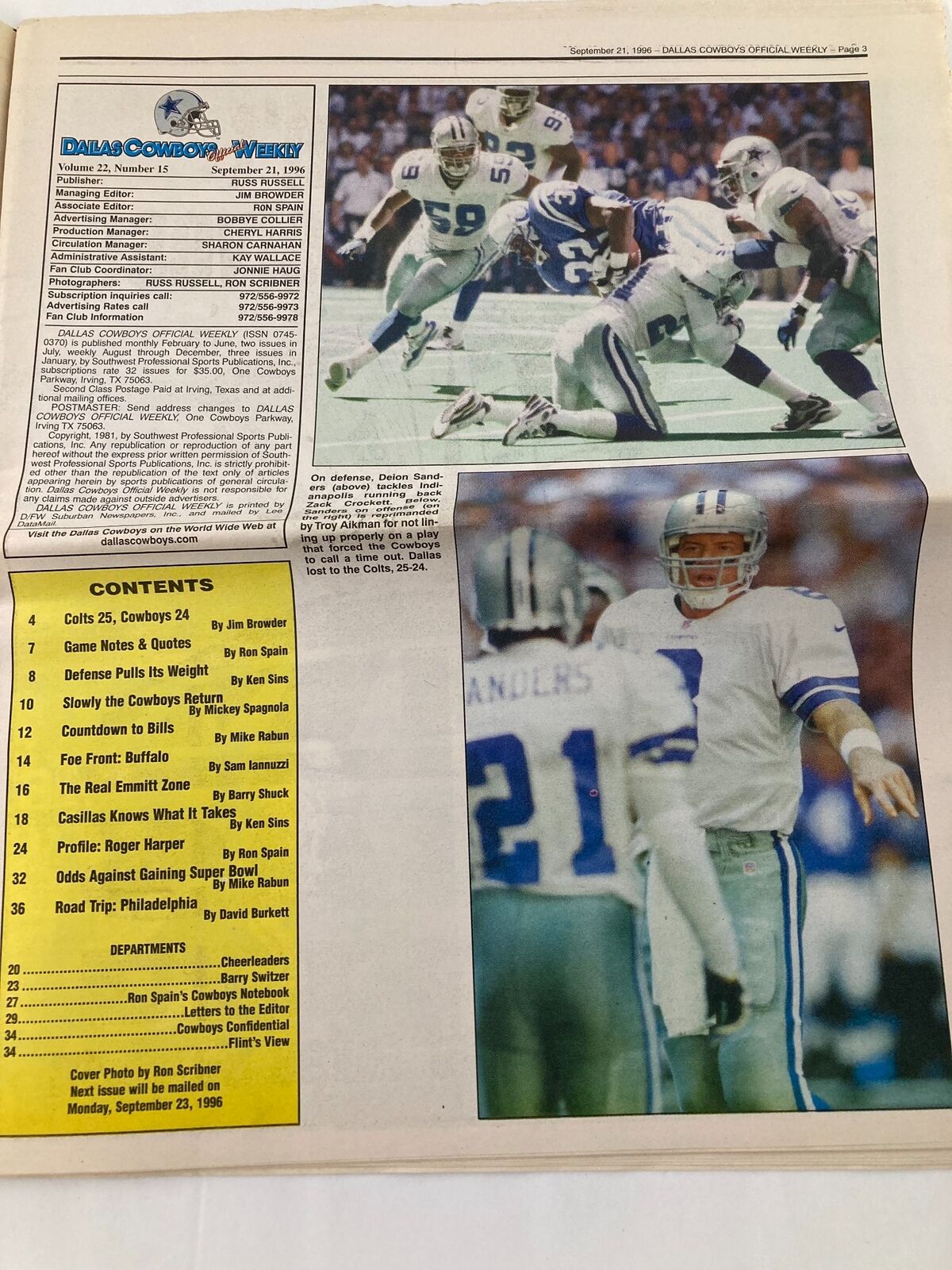 Contents page from the Dallas Cowboys Weekly Newspaper - September 21, 1996, showcasing game highlights and player statistics.