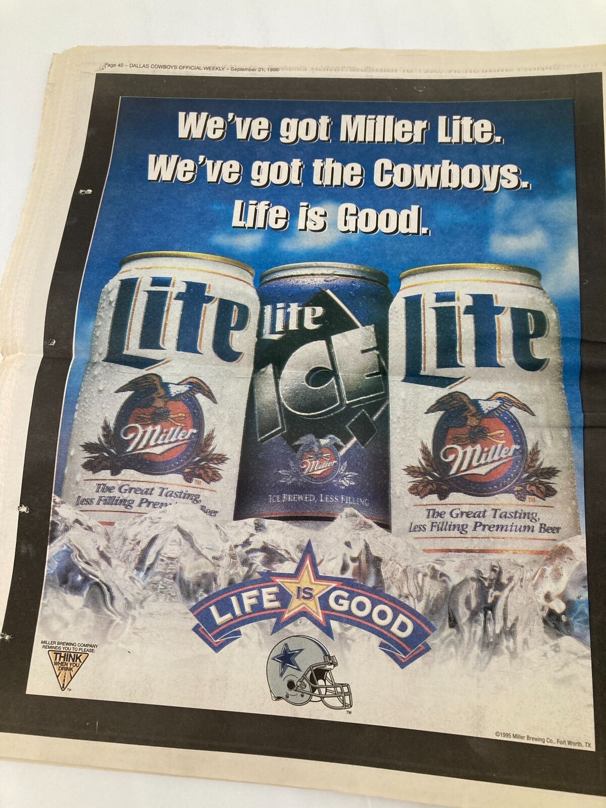 Dallas Cowboys Weekly Newspaper September 21 1996 Vol 22 #15 featuring an advertisement for Miller Lite beer. The ad showcases Miller Lite cans with the tagline 'Life is Good' against a blue background.