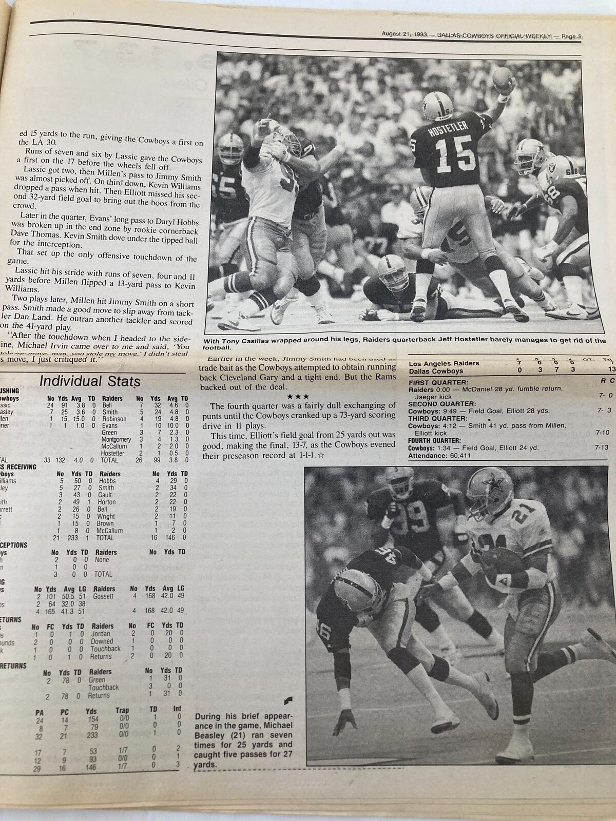 Dallas Cowboys Weekly Newspaper August 21 1993 Vol 19 #9 Melvin Evans showing an in-game action shot with individual stats for players during a matchup.