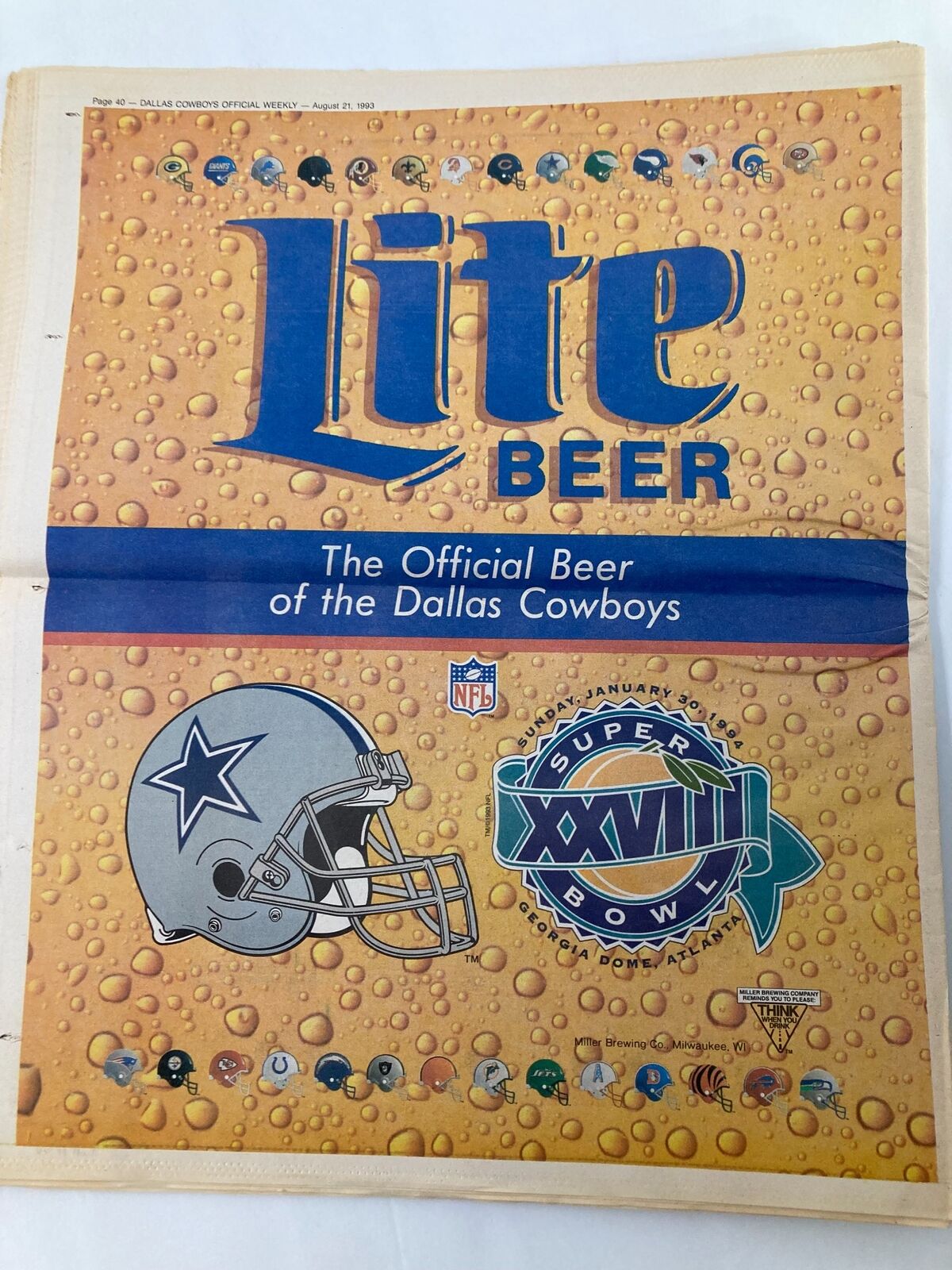 Dallas Cowboys Weekly Newspaper August 21 1993 Vol 19 #9 Melvin Evans advertisement for Lite Beer, the official beer of the Dallas Cowboys, featuring Super Bowl imagery.