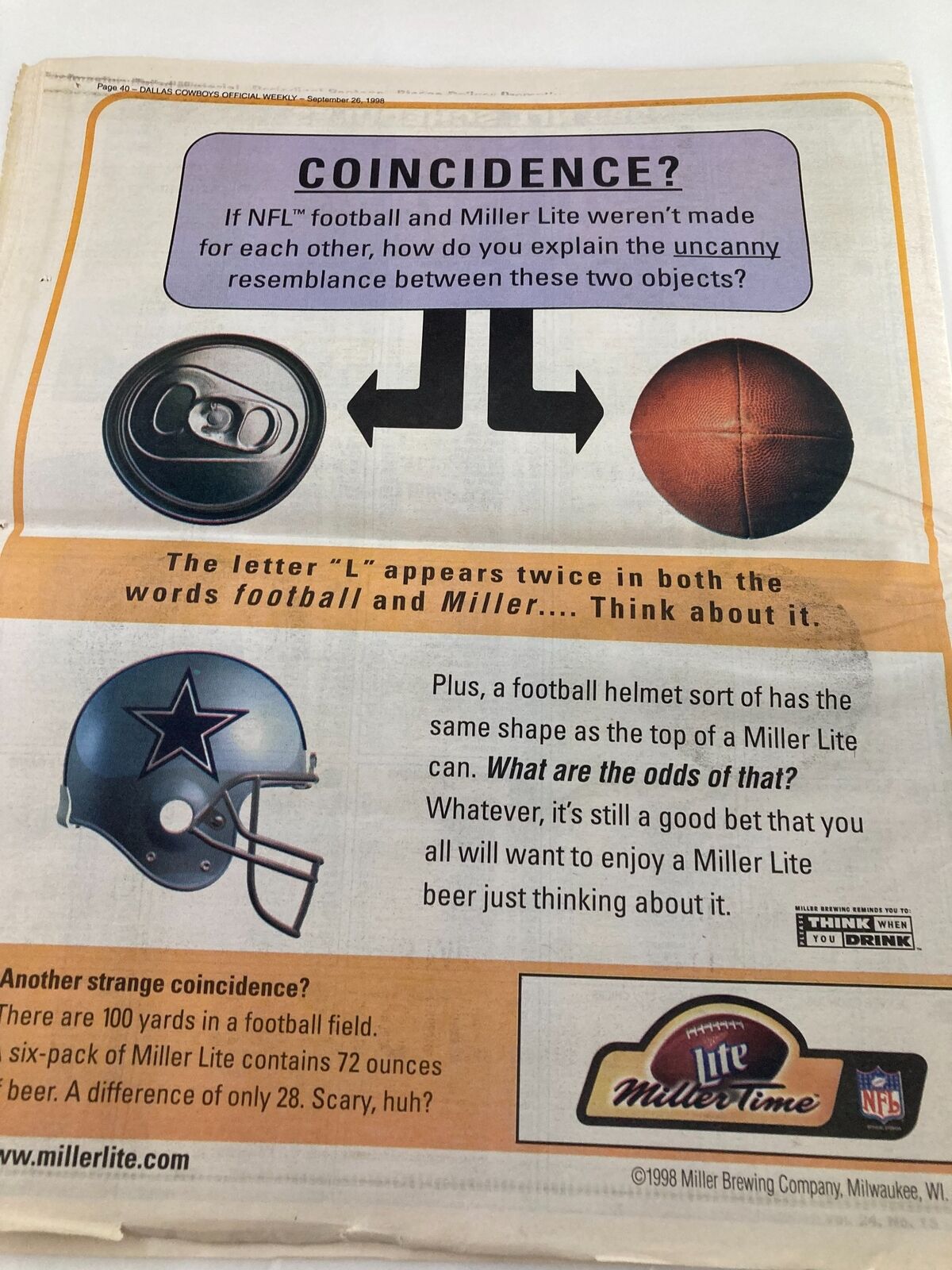 Duplicate advertisement comparing NFL football and Miller Lite from the Dallas Cowboys Weekly Newspaper September 26 1998 Vol 24 #15 Troy Aikman, highlighting design similarities.