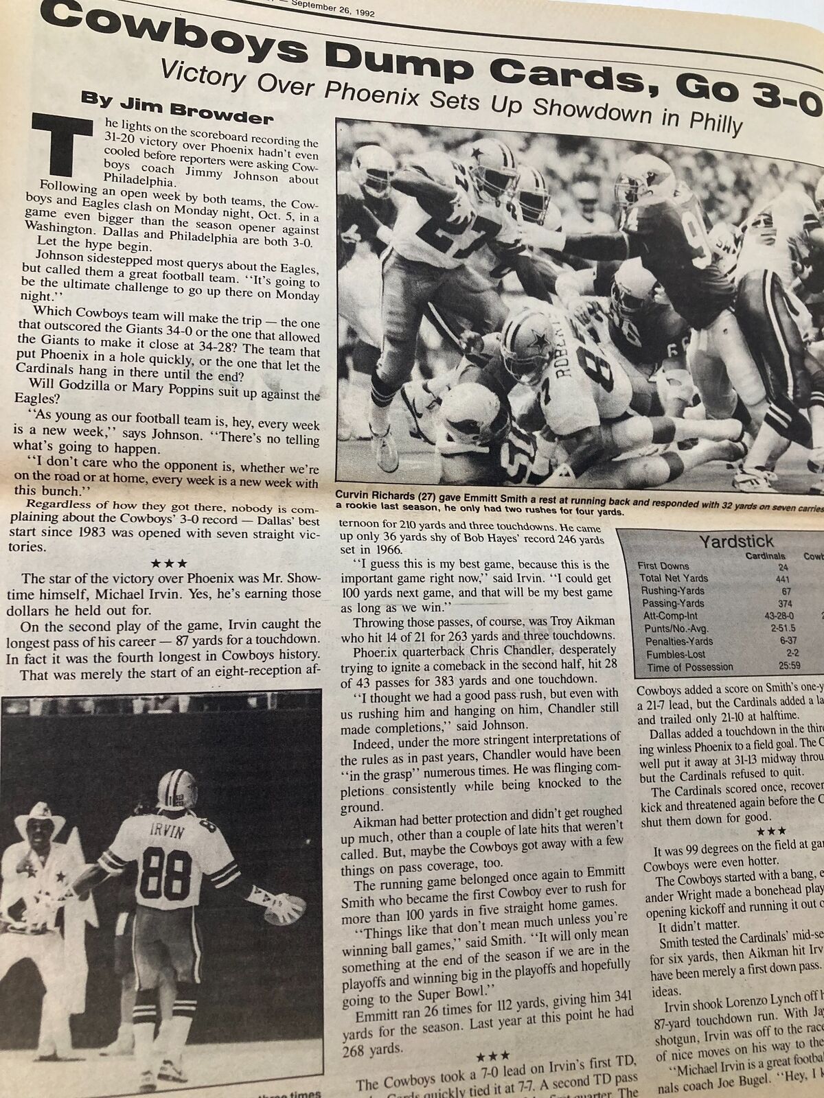 Article from the Dallas Cowboys Weekly Newspaper, September 26, 1992, detailing the Cowboys' victory over the Phoenix Cardinals, featuring key player performances.