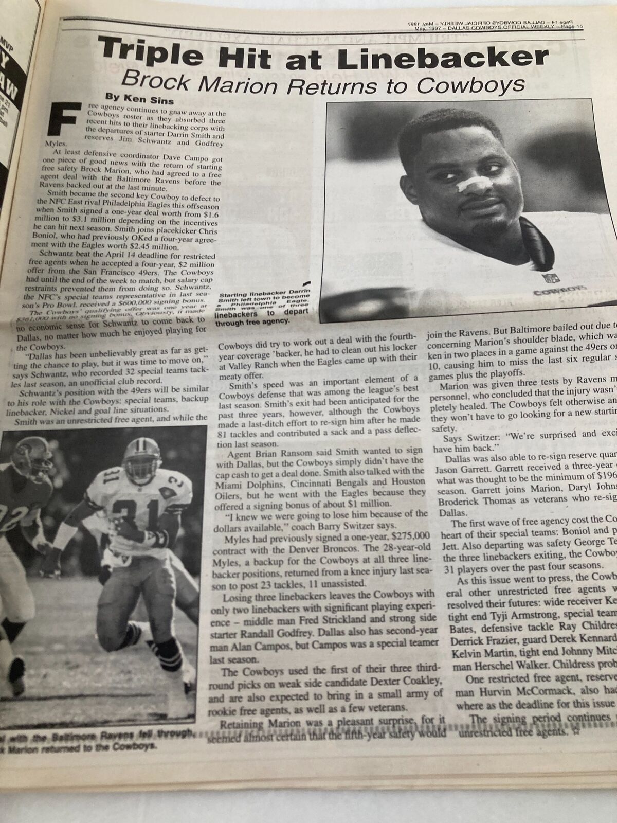 Inside page of the Dallas Cowboys Weekly Newspaper May 1997 Vol 23 #4 David LaFleur, featuring an article titled 'Triple Hit at Linebacker' by Ken Sins, discussing player Brock Marion's return to the Cowboys.