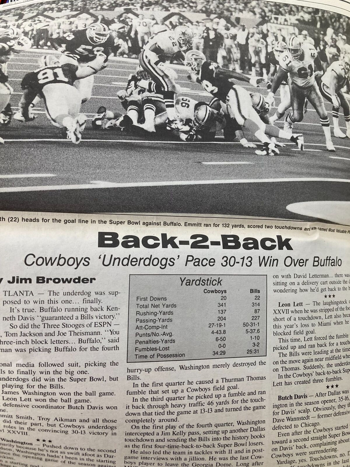 Dallas Cowboys Weekly Newspaper February 1994 Vol 20 #1 showcasing the recap article titled 'Back-2-Back' highlighting the Cowboys' 30-13 Super Bowl victory over the Buffalo Bills.