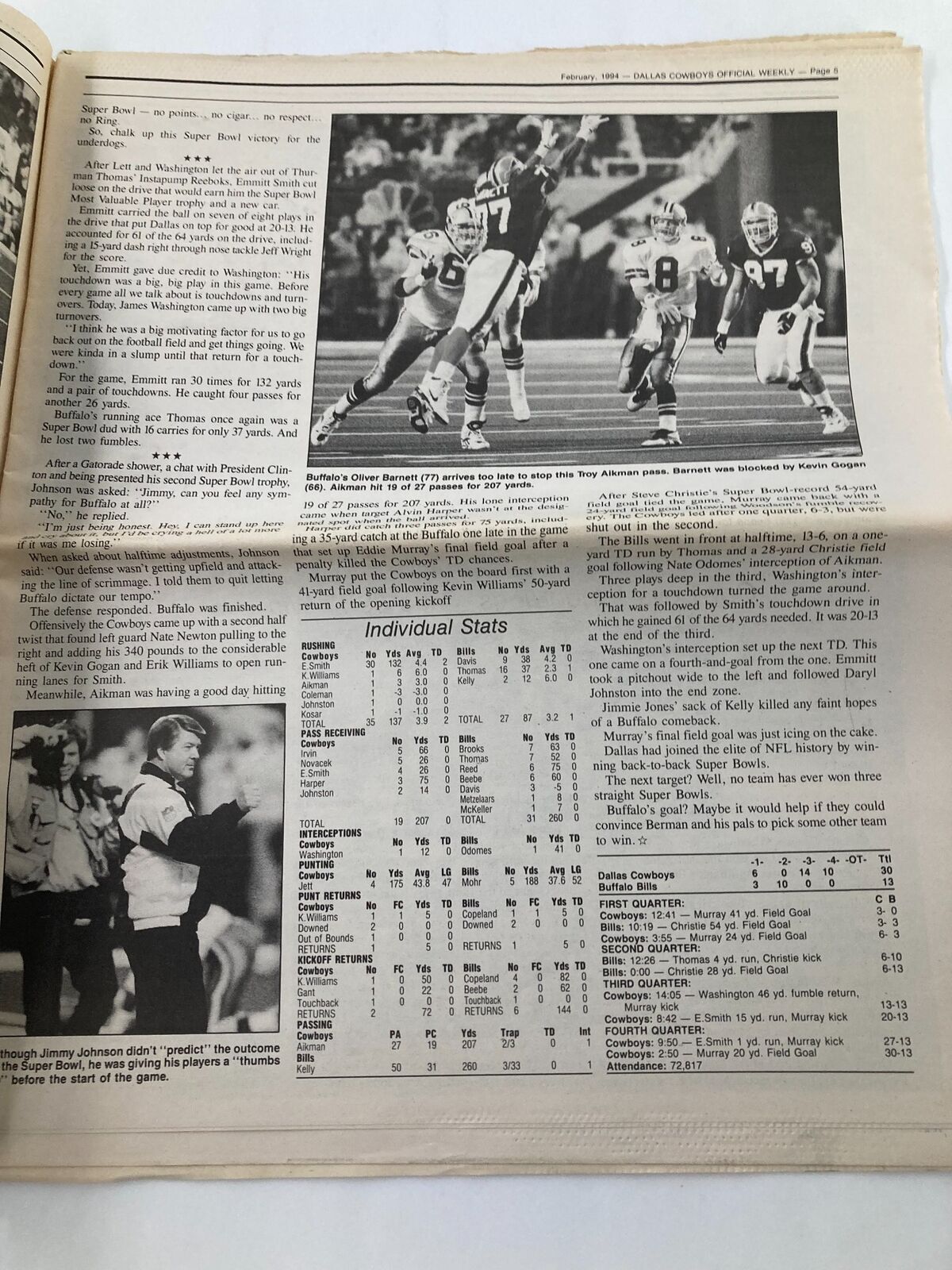 Dallas Cowboys Weekly Newspaper February 1994 Vol 20 #1 with a focus on player statistics and performance reviews following the Super Bowl match.