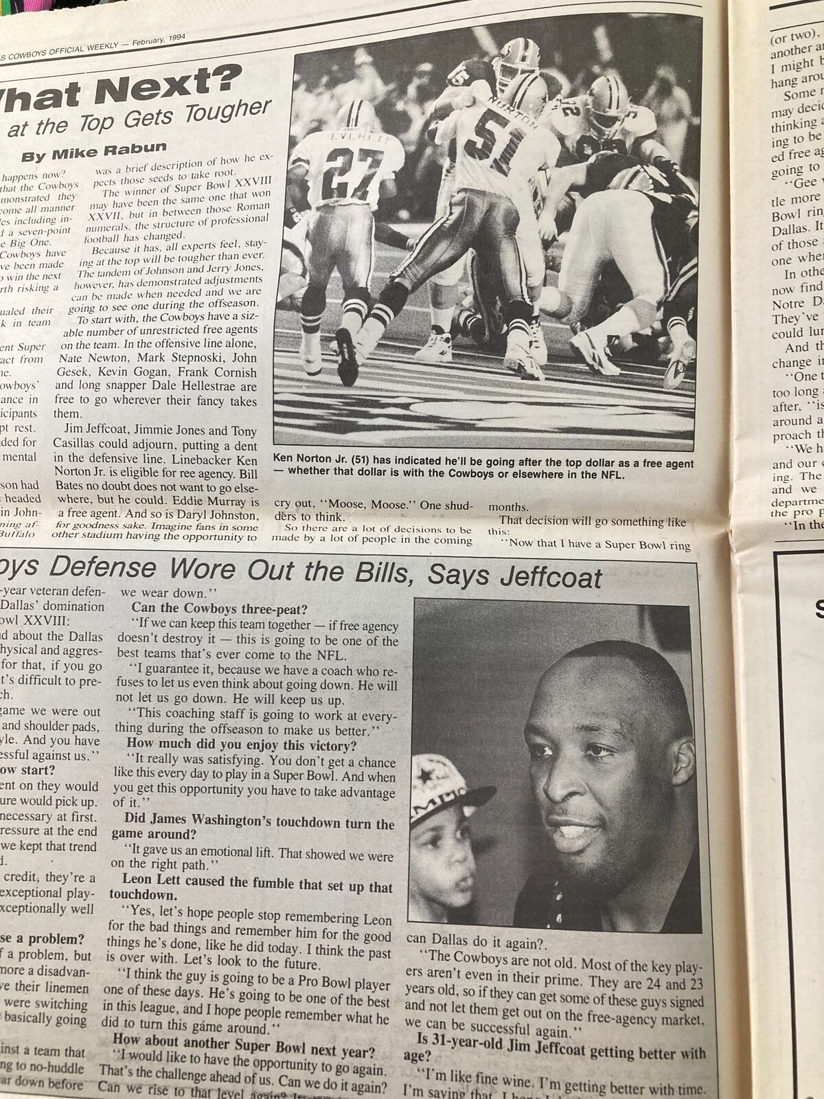 Dallas Cowboys Weekly Newspaper February 1994 Vol 20 #1 containing an analysis titled 'What Next?' discussing the future challenges for the Cowboys post-Super Bowl.