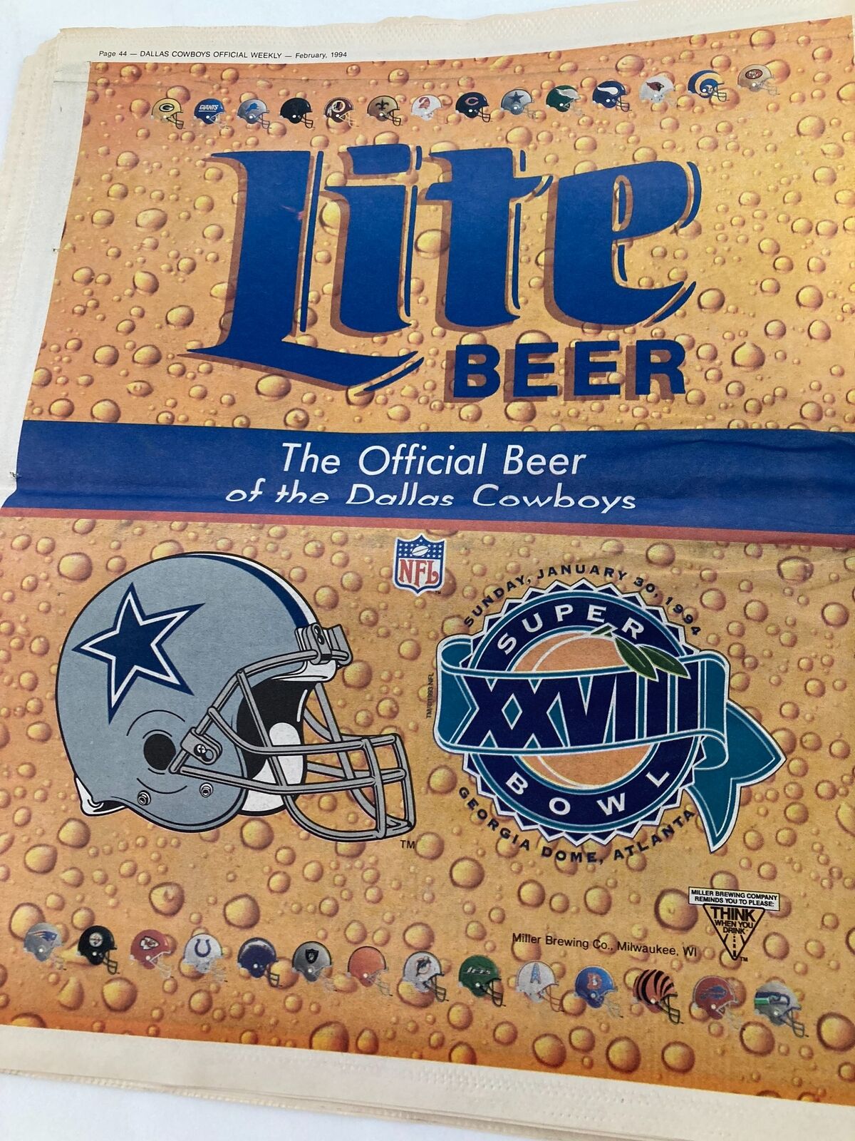 Dallas Cowboys Weekly Newspaper February 1994 Vol 20 #1 advertisement for Lite Beer as the official beer sponsor of the Dallas Cowboys during Super Bowl XXVIII.
