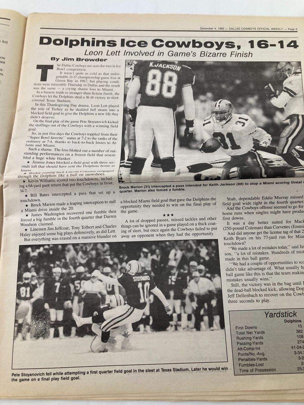 Dallas Cowboys Weekly Newspaper December 4 1993 Vol 19 #24 detailing the Miami Dolphins' win over the Cowboys with player statistics.