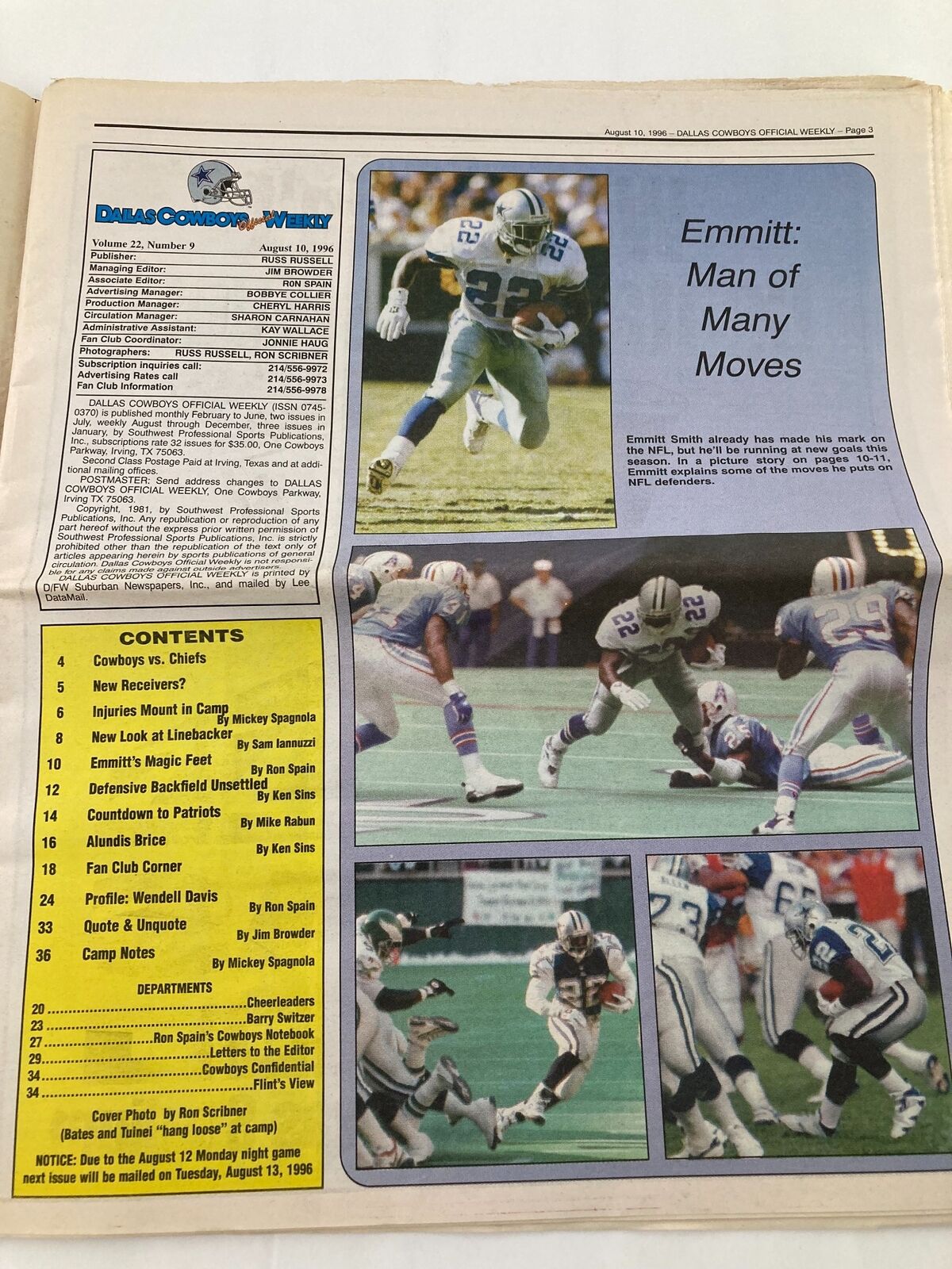 Page from the Dallas Cowboys Weekly Newspaper August 10 1996 Vol 22 #9 highlighting Emmitt Smith with the title 'Emmitt: Man of Many Moves'.