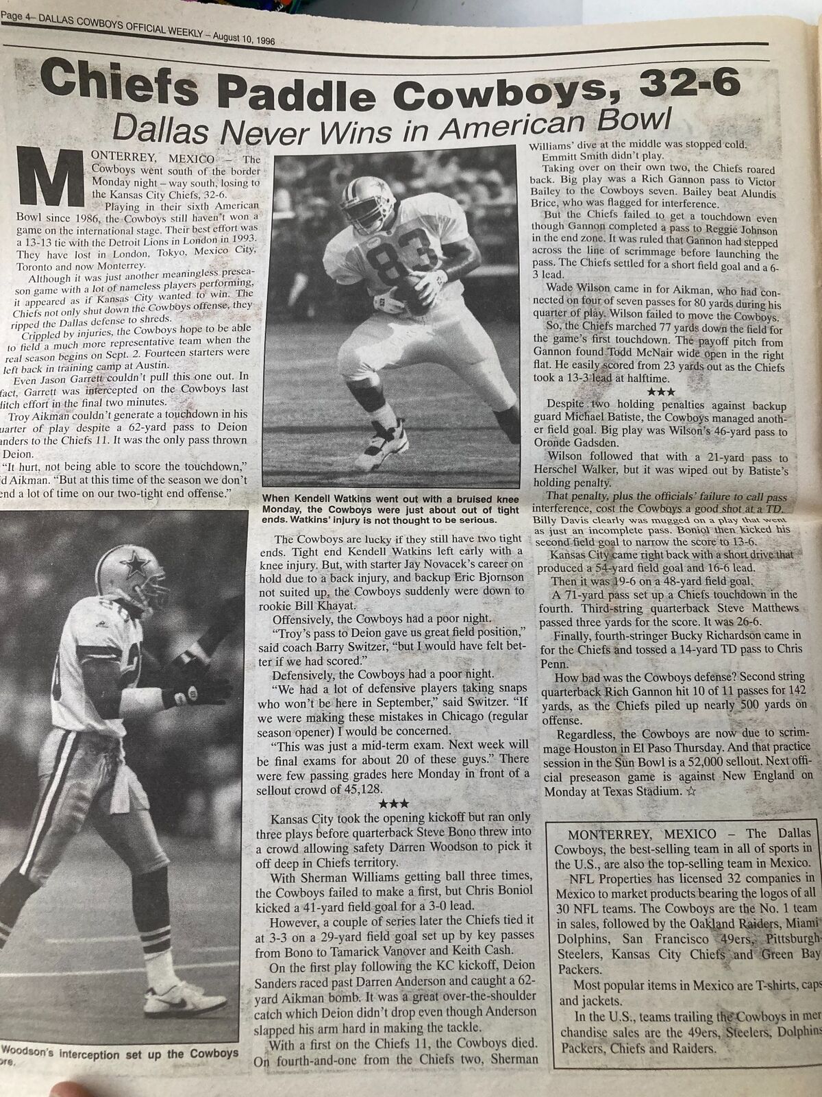 Article titled 'Chiefs Paddle Cowboys, 32-6' from the Dallas Cowboys Weekly Newspaper August 10 1996 Vol 22 #9 discussing a game result.
