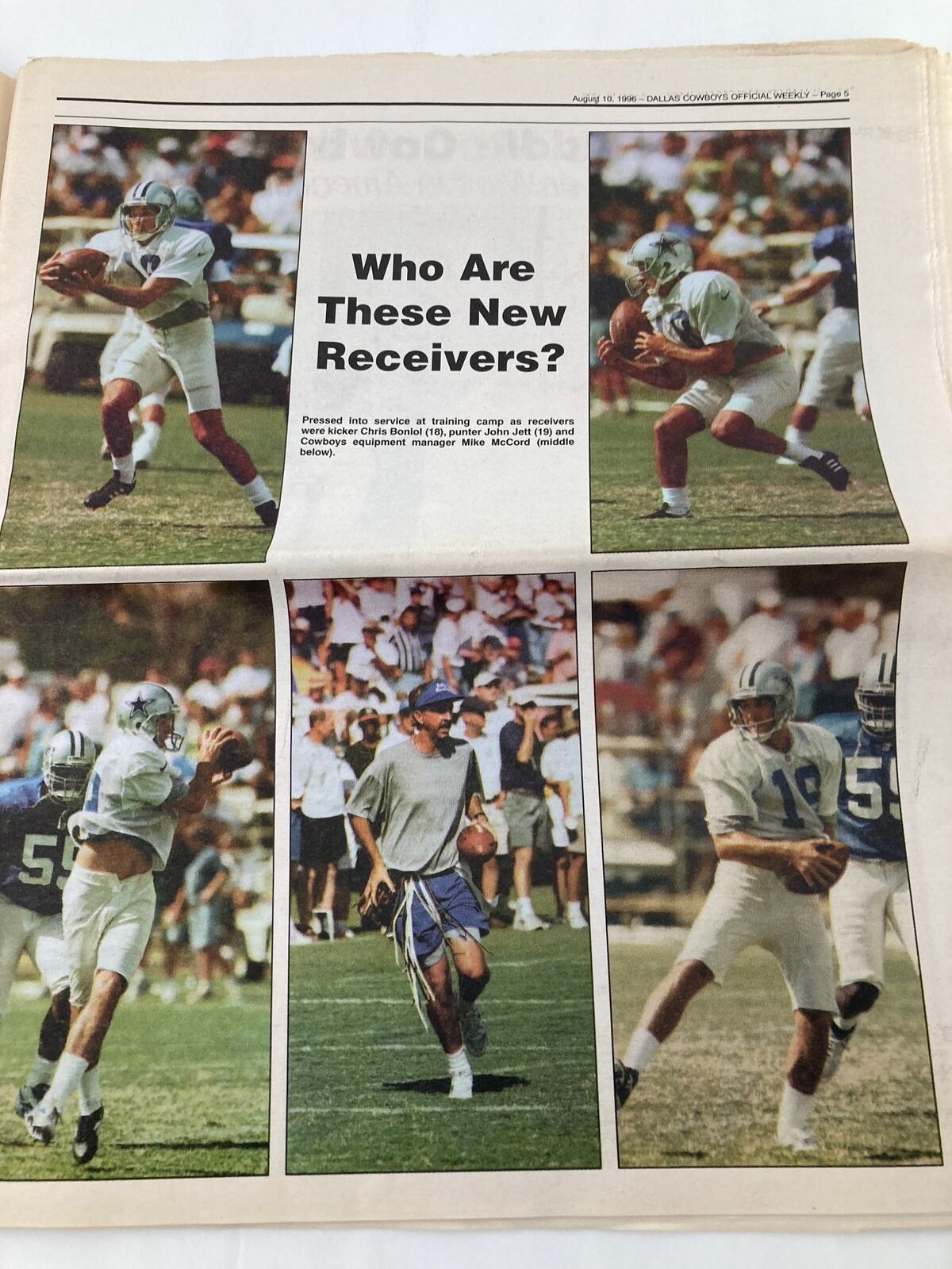 Page from Dallas Cowboys Weekly Newspaper August 10 1996 Vol 22 #9 featuring a photo collage titled 'Who Are These New Receivers?'.