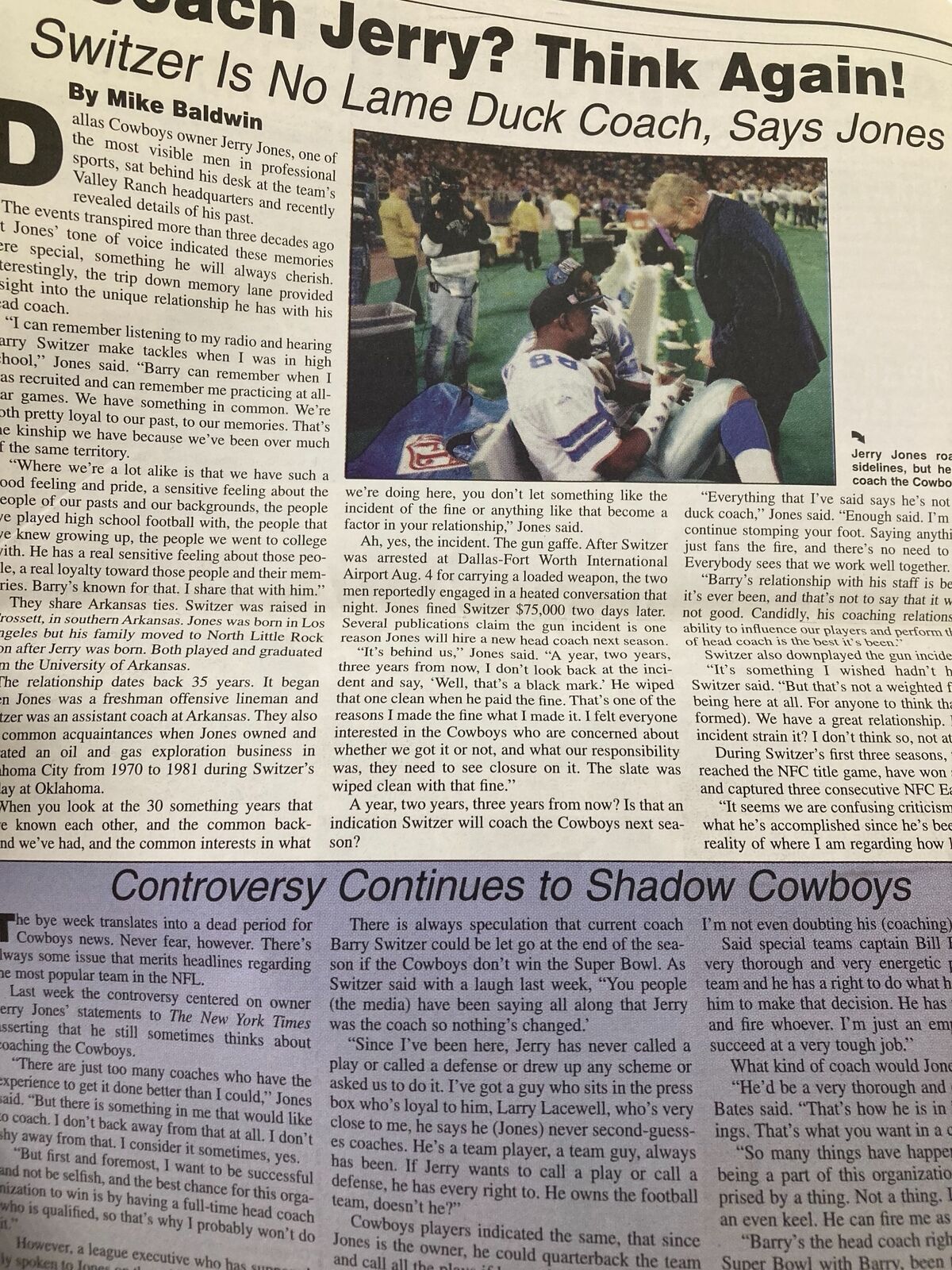 Page from the Dallas Cowboys Weekly Newspaper October 4 1997 Vol 23 #17 discussing the coaching situation, featuring an article by Mike Baldwin on Coach Barry Switzer and his relationship with Jerry Jones.