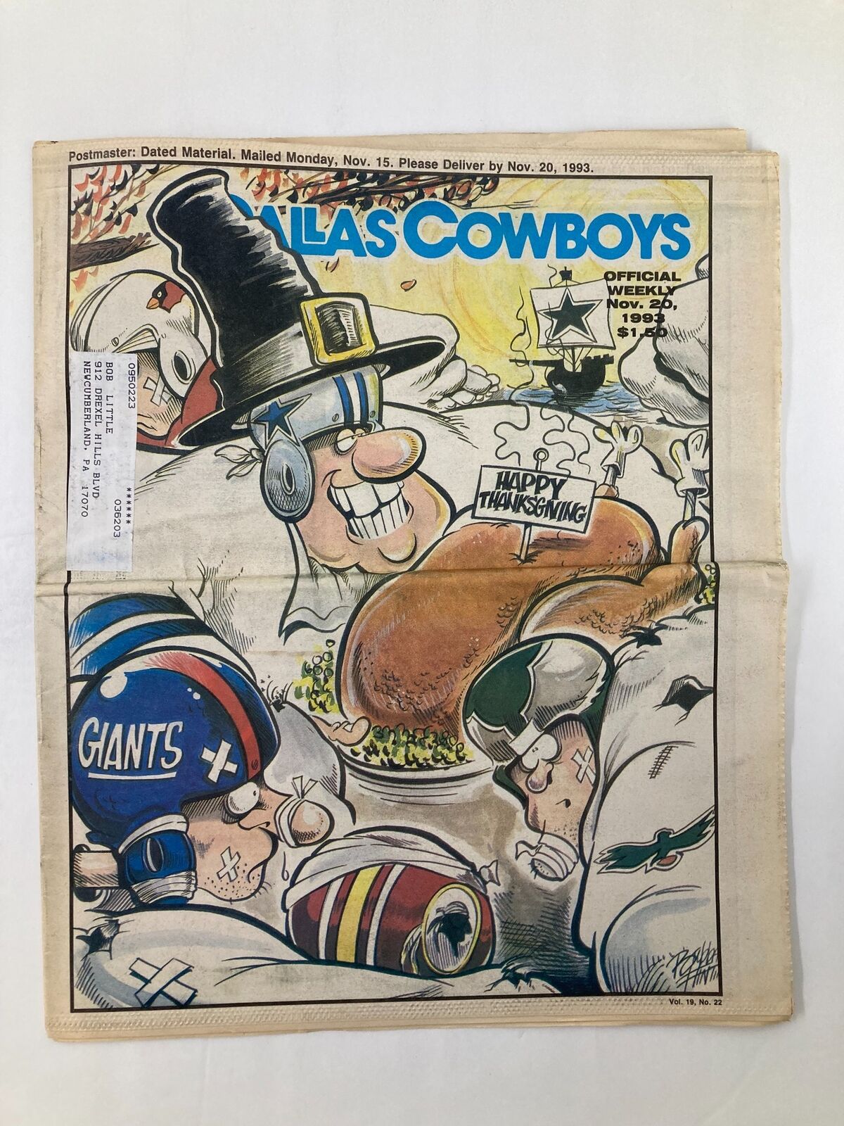 Dallas Cowboys Weekly Newspaper November 20 1993 Vol 19 #22 featuring a Thanksgiving-themed cartoon with players, showing the Cowboys and Giants rivalry.