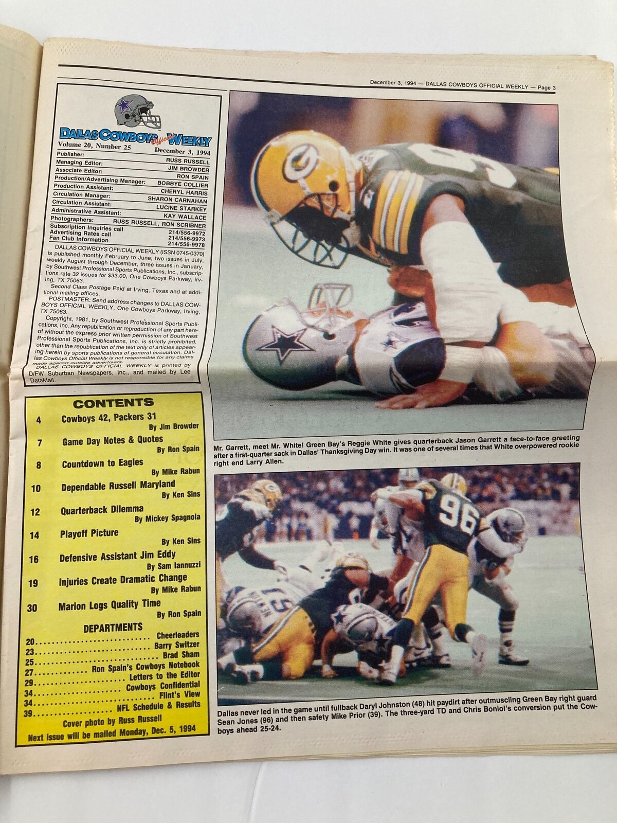 Inside page of Dallas Cowboys Weekly Newspaper December 3 1994 Vol 20 #25 displaying game highlights and a tackle on the quarterback.