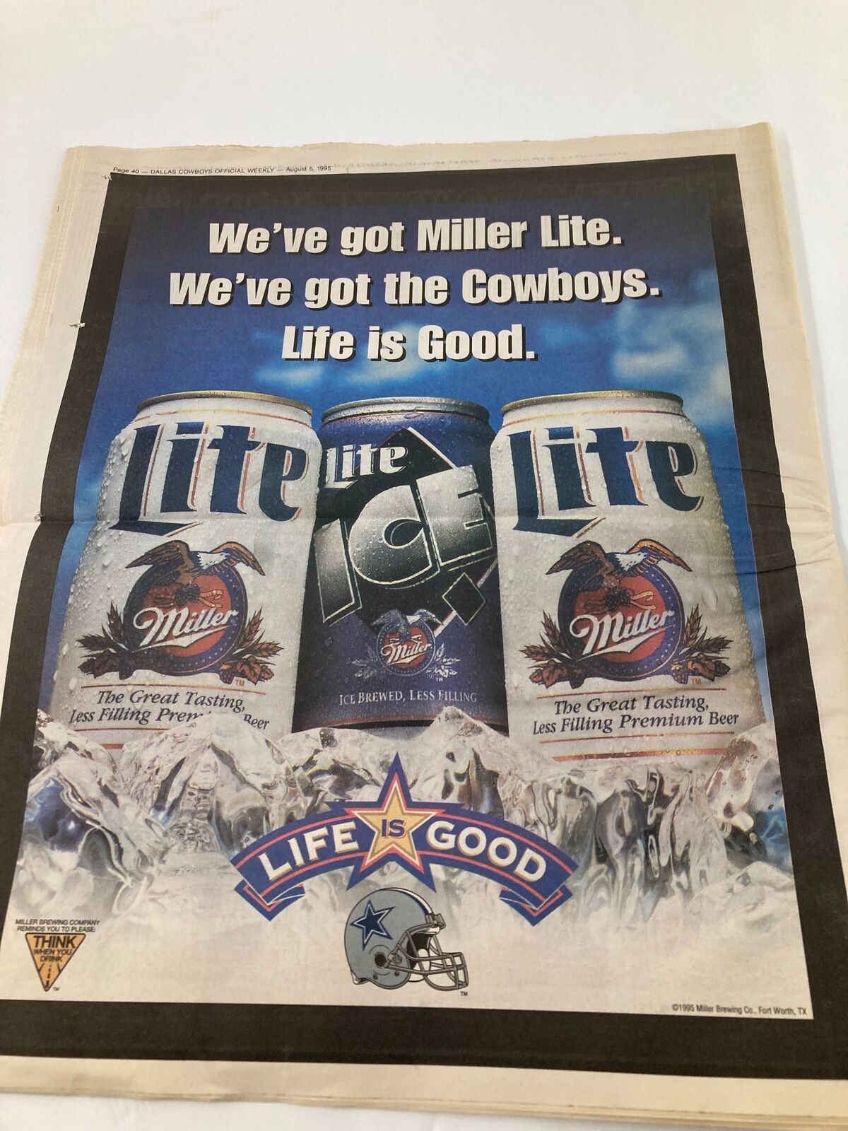 Back page of Dallas Cowboys Weekly Newspaper August 5 1995 Vol 21 #8 advertising Miller Lite beer with the slogan 'Life is Good'.