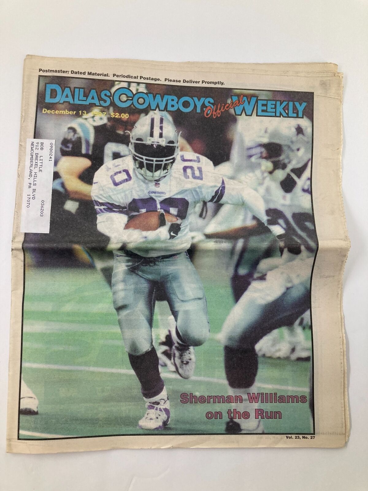 Dallas Cowboys Weekly Newspaper December 13 1997 Vol 23 #27 cover featuring Sherman Williams running with the football.