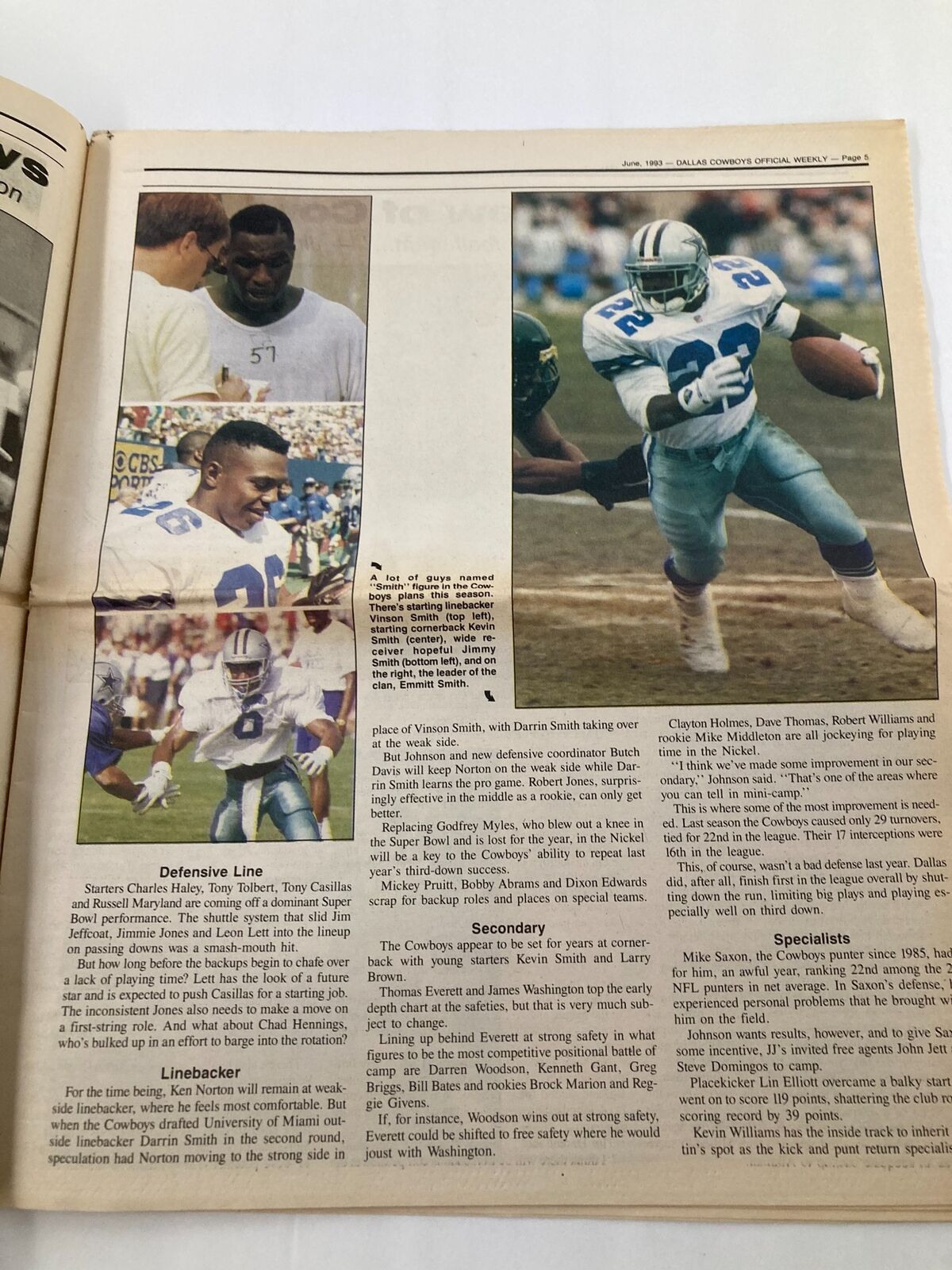 Second page of Dallas Cowboys Weekly Newspaper June 1993 Vol 19 #5 The Ring World Championship showcasing key players, including defensive line and linebacker details, celebrating the team's roster.