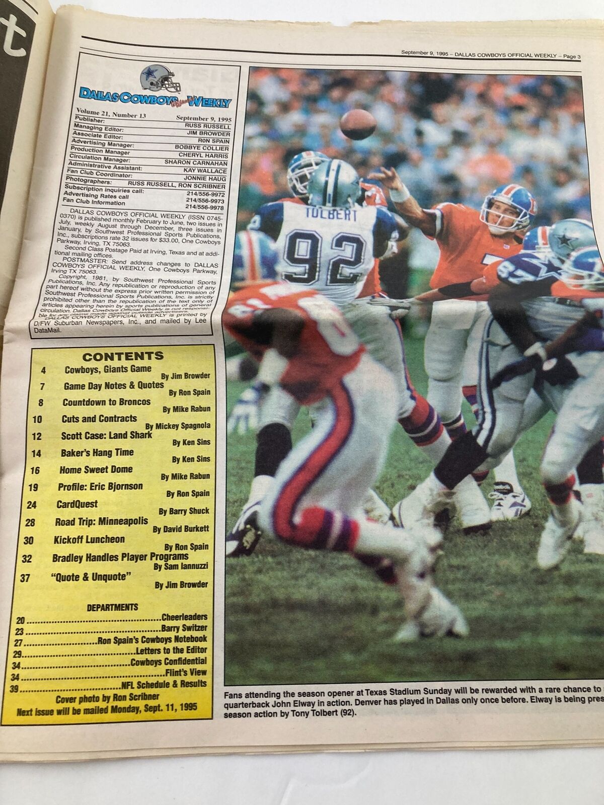 Dallas Cowboys Weekly Newspaper September 9 1995 Vol 21 #13 Emmitt Smith, showcasing the contents page with highlights from the Cowboys' upcoming games.