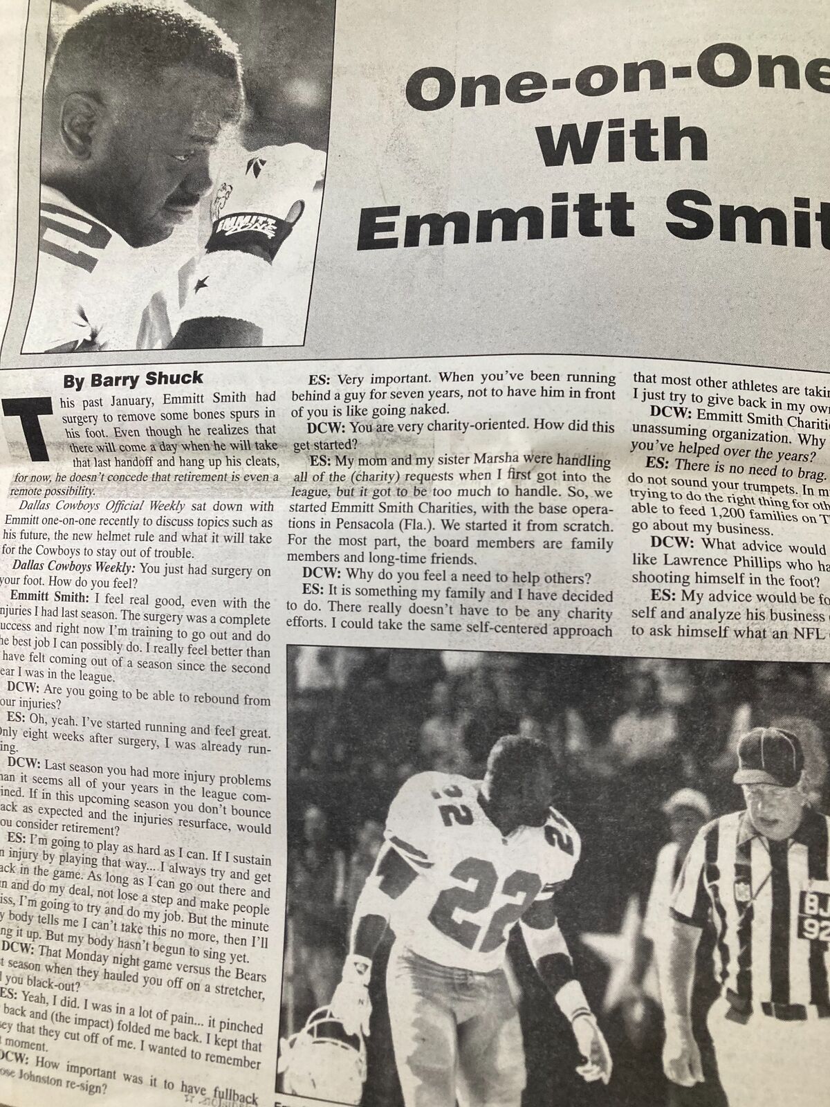 Image from the Dallas Cowboys Weekly Newspaper June 1997 Vol 23 #5 featuring an article titled 'One-on-One with Emmitt Smith', by Barry Shuck, discussing Emmitt Smith's career and experiences.