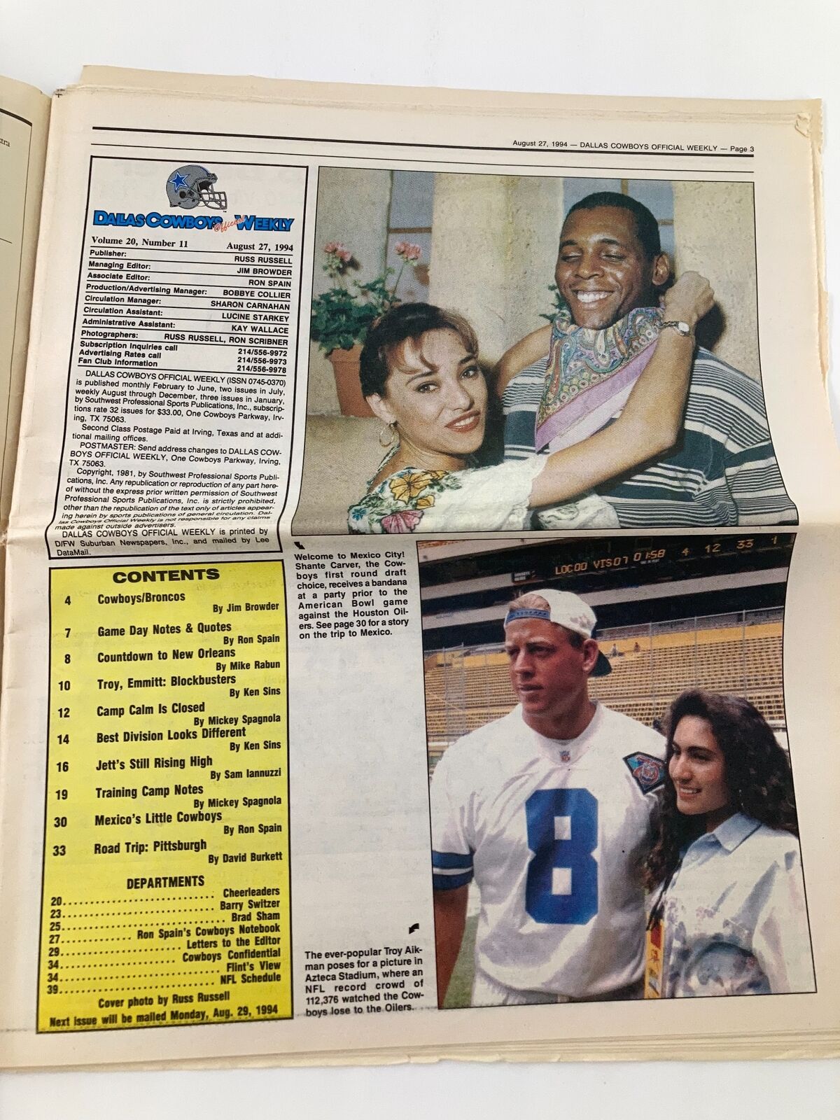 Inside page of Dallas Cowboys Weekly Newspaper August 27 1994 Vol 20 #11. The page includes a photo of a couple celebrating, along with content highlights and commentary about the team's performance.