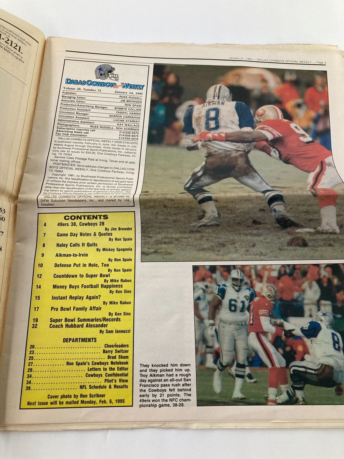 Dallas Cowboys Weekly Newspaper January 21 1995 Vol 20 #32 Michael Irvin featuring images from a Cowboys game and content list.