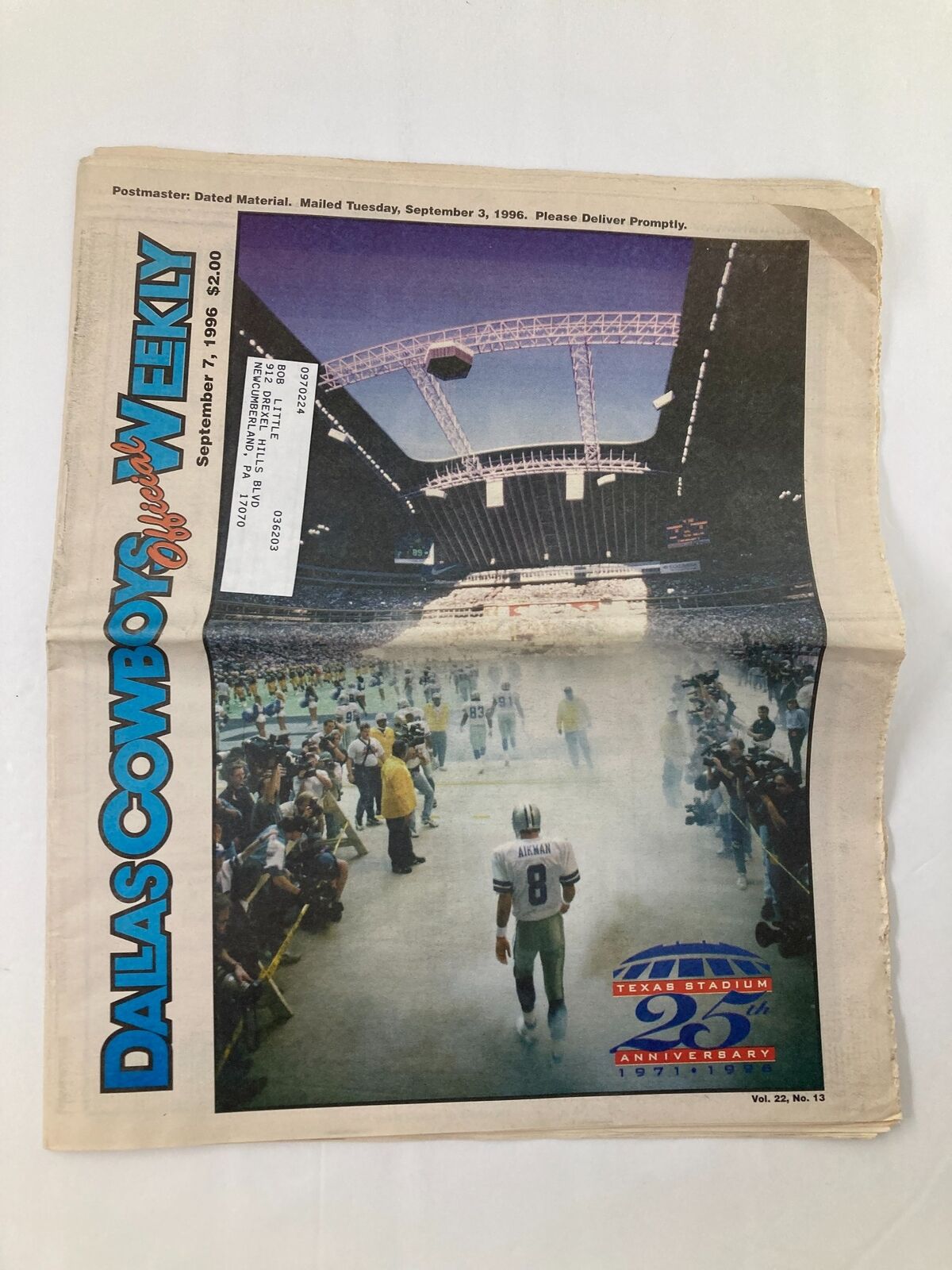Cover of the Dallas Cowboys Weekly Newspaper September 7, 1996, Volume 22 #13, featuring a large image from the Texas Stadium with fans in attendance.