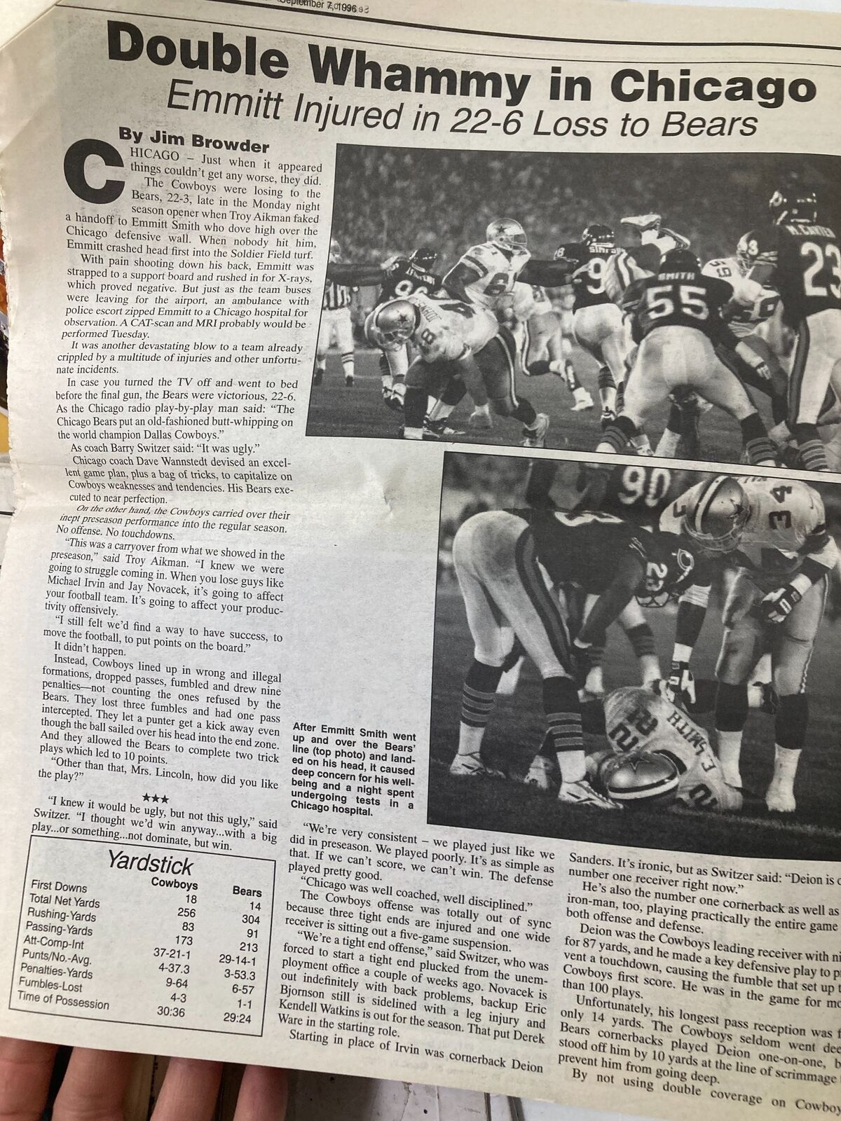 Article titled 'Double Whammy in Chicago' from the Dallas Cowboys Weekly Newspaper September 7, 1996, Volume 22 #13, discussing Emmitt Smith's injury.
