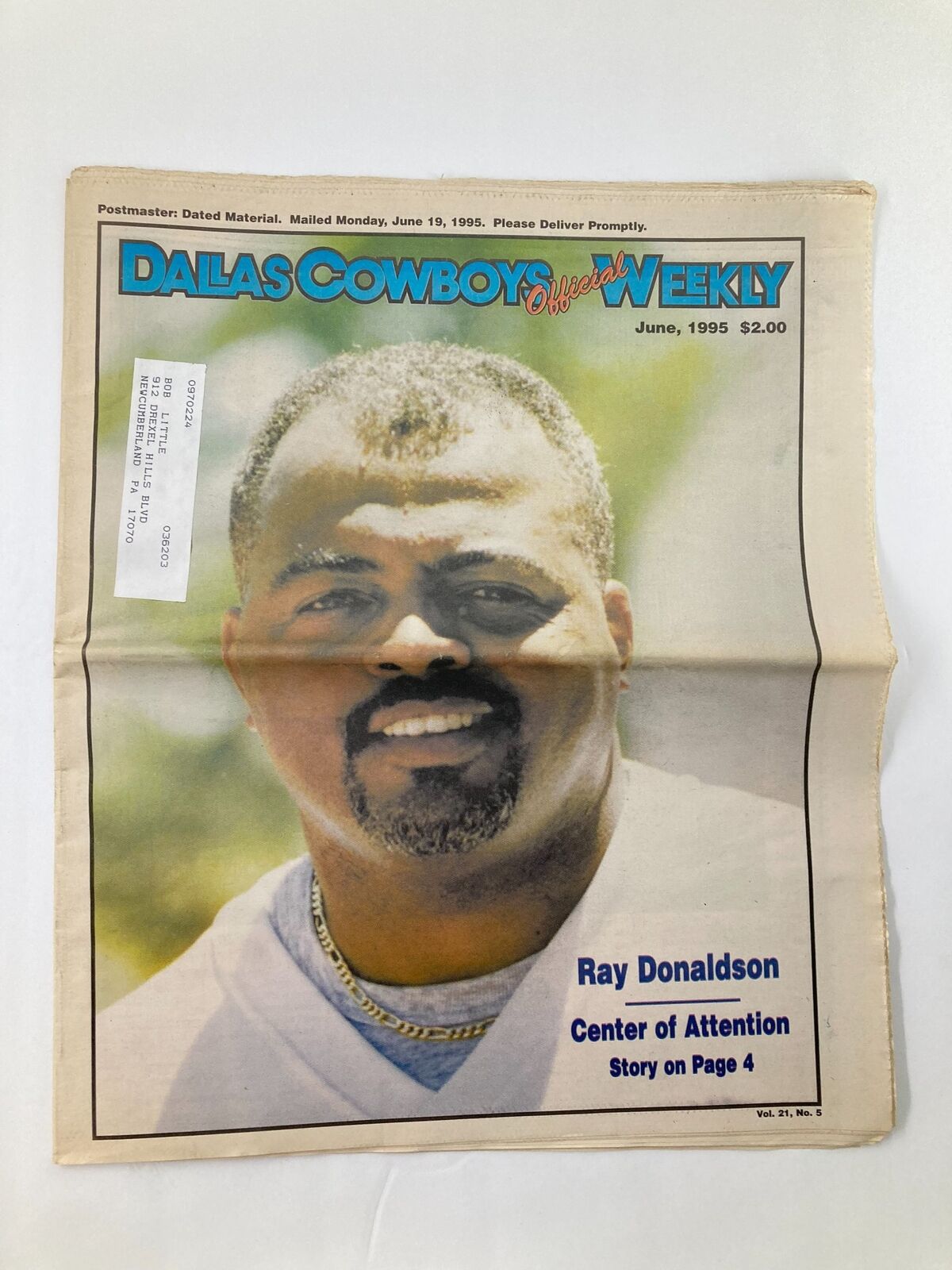 Dallas Cowboys Weekly Newspaper June 1995 Vol 21 #5 displaying the cover image with Ray Donaldson, highlighting the story featured on page 4.