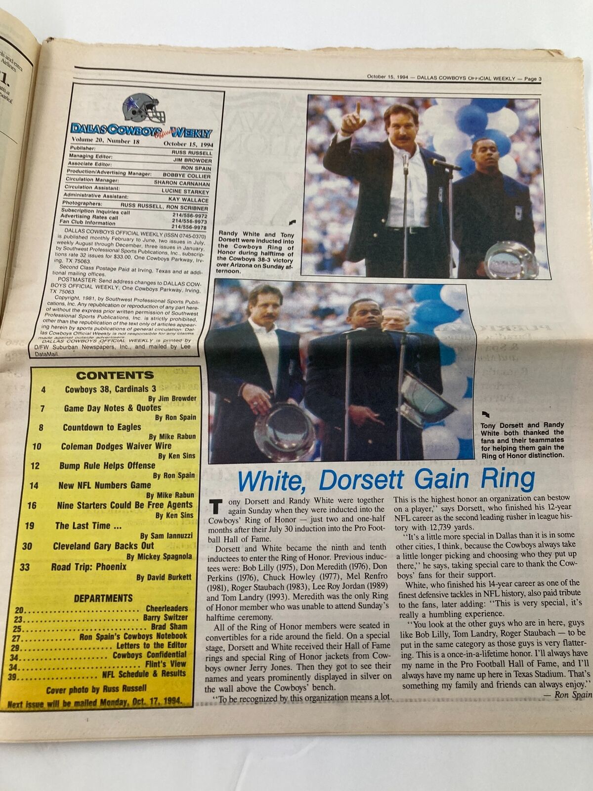 Dallas Cowboys Weekly Newspaper October 15, 1994 Vol 20 #18 featuring Tony Dorsett and event coverage with players receiving their rings.