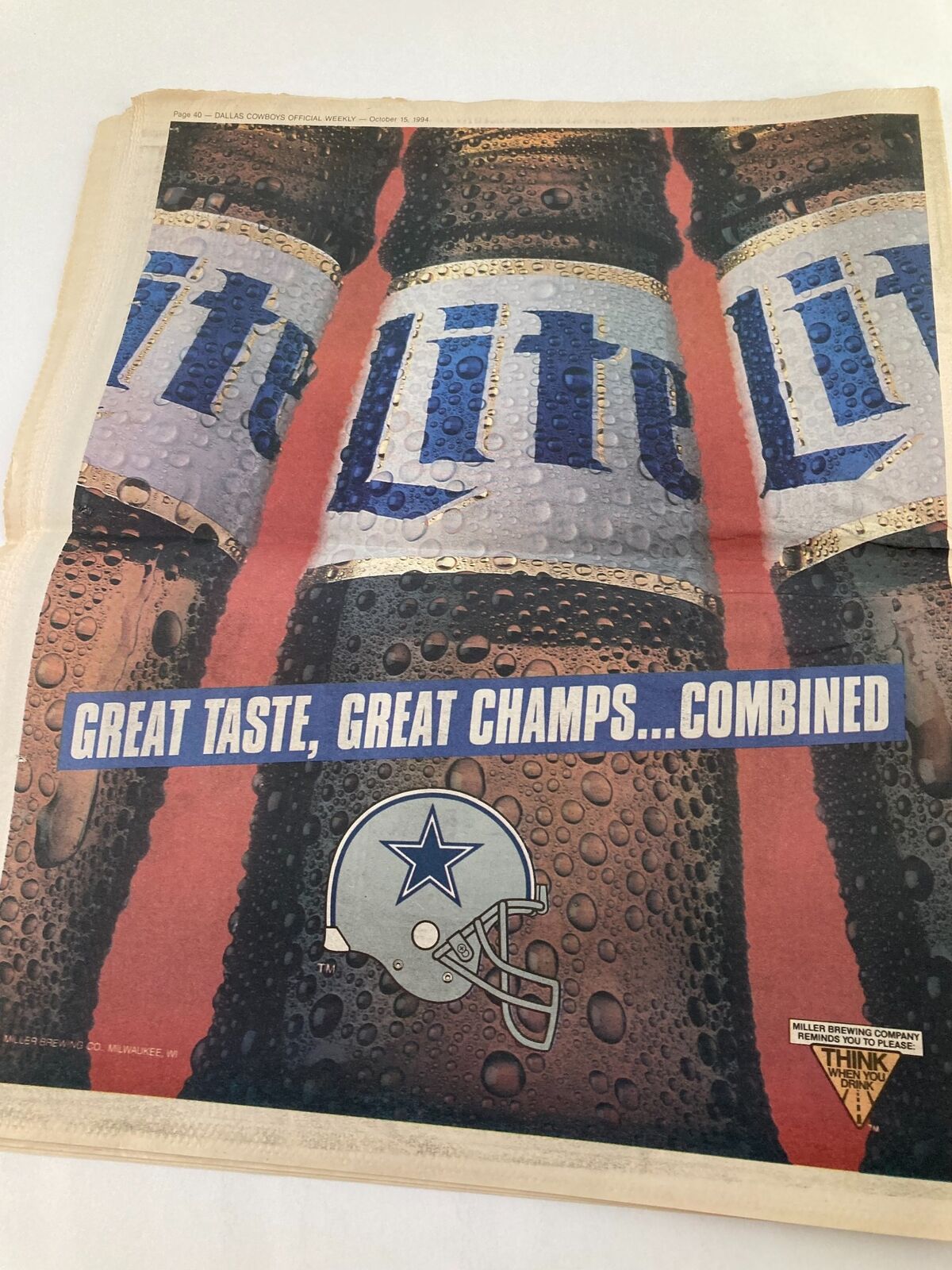 Dallas Cowboys Weekly Newspaper October 15, 1994 Vol 20 #18 with an advertisement featuring Miller Lite and the slogan 'Great Taste, Great Champs... Combined' with the Dallas Cowboys logo.