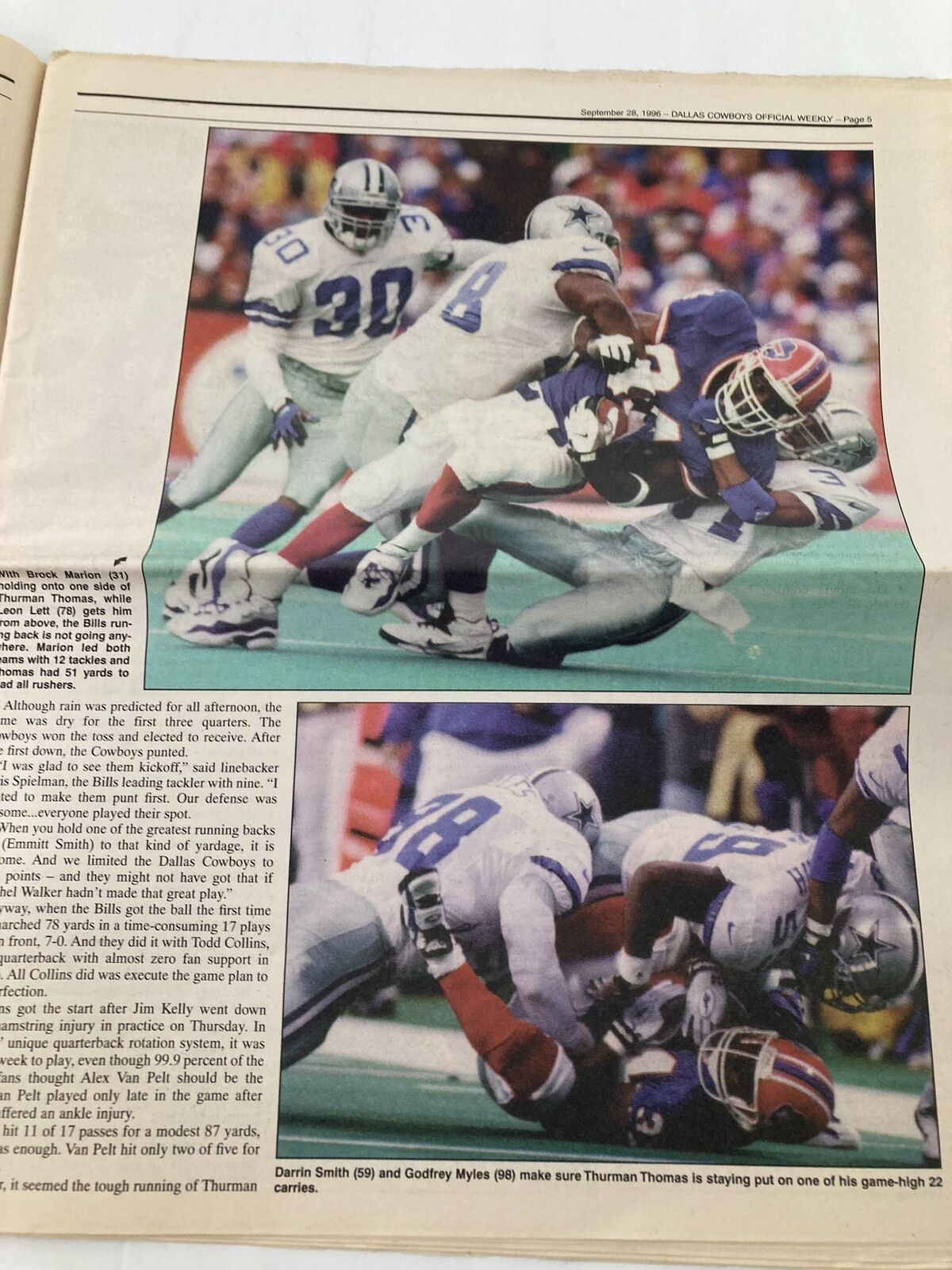 Dallas Cowboys Weekly Newspaper September 28 1996 Vol 22 #16 Leon Lett - Close-up image of Dallas Cowboys players Darren Smith and Godfrey Myles tackling Buffalo Bills player Thurman Thomas during a game.