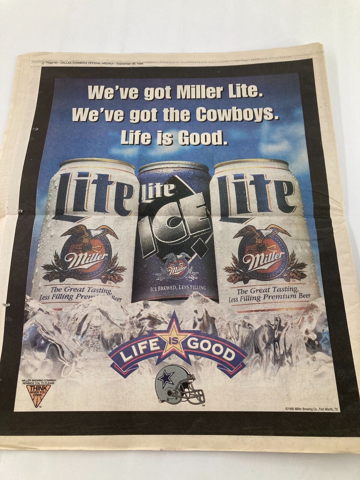Dallas Cowboys Weekly Newspaper September 28 1996 Vol 22 #16 Leon Lett - Advertisement featuring Miller Lite beer, promoting the Cowboys with the slogan 'Life is Good'.