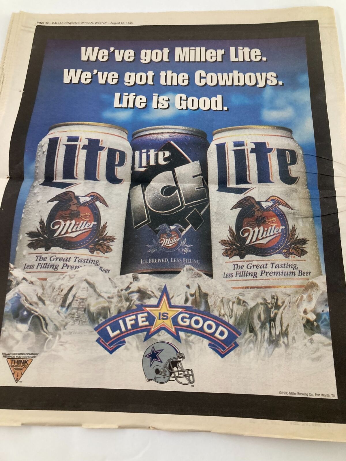 Promotional advertisement from the Dallas Cowboys Weekly Newspaper August 26 1995 Vol 21 #11, showcasing Miller Lite beer alongside Dallas Cowboys branding, emphasizing a casual fan lifestyle.