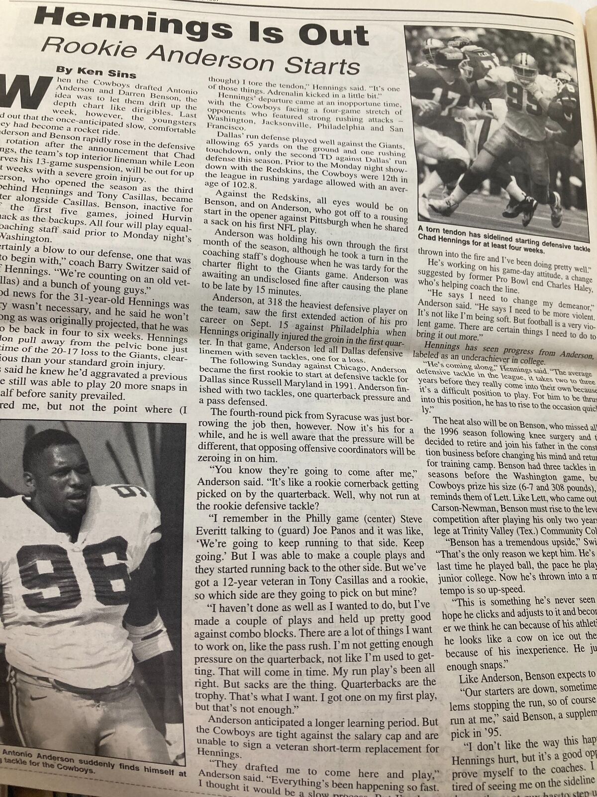 Article from the Dallas Cowboys Weekly Newspaper dated October 18, 1997, featuring 'Hennings Is Out' and discussing rookie player Anderson starting; includes analysis by Ken Sins.