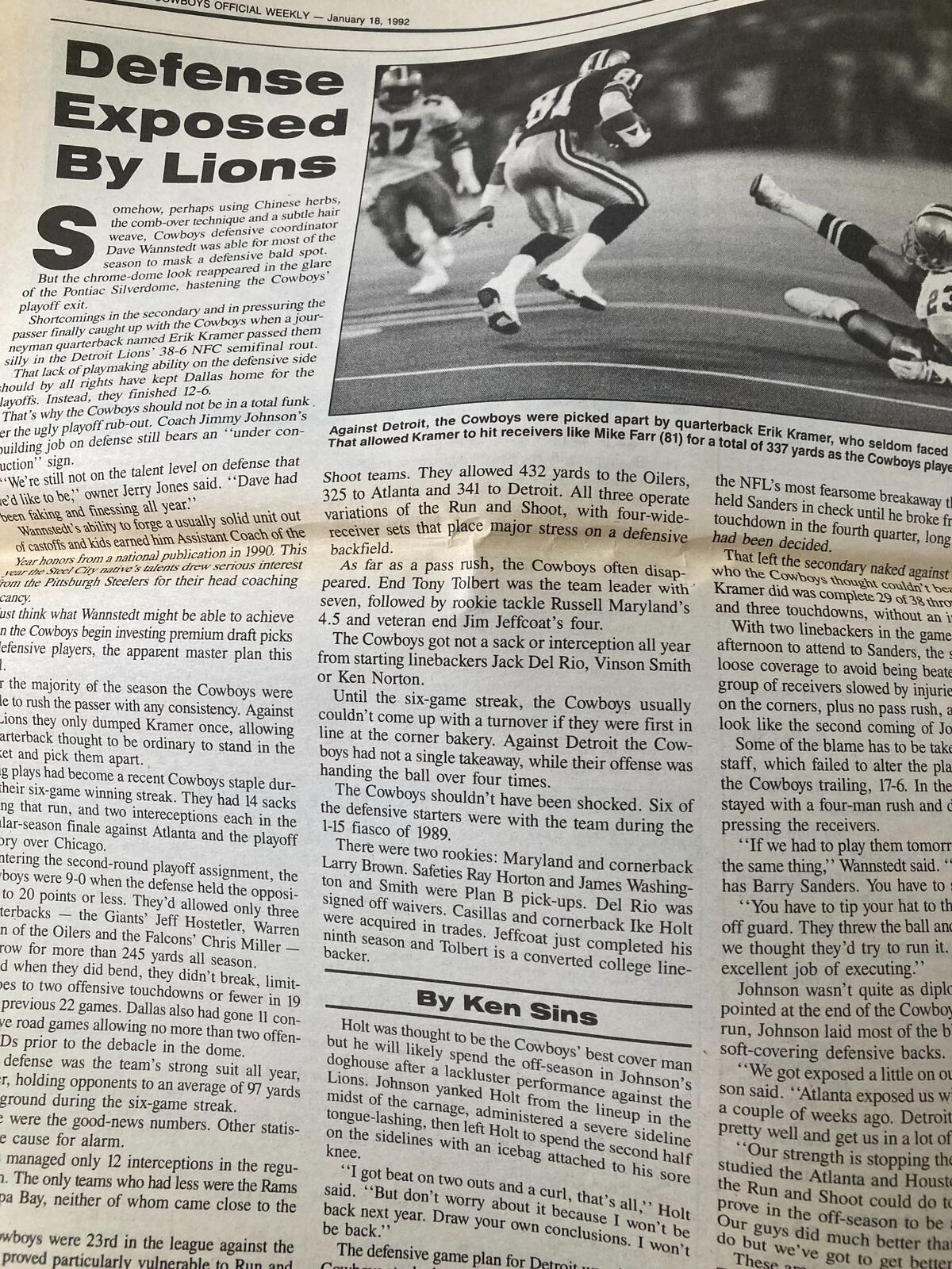 Article titled 'Defense Exposed By Lions' from the Dallas Cowboys Weekly Newspaper January 18 1992 Vol 17 #32, discussing the team's defense against the Detroit Lions.