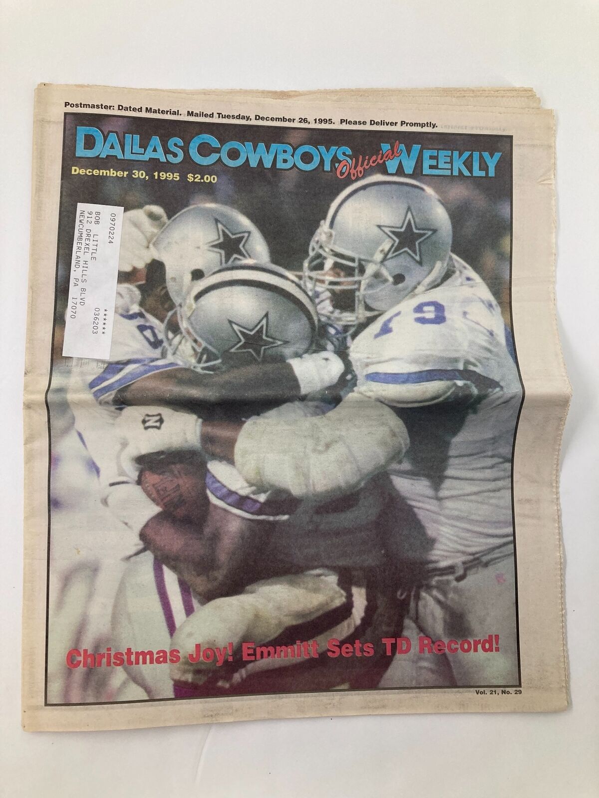 Dallas Cowboys Weekly Newspaper December 30 1995 Vol 21 #29 Emmitt Smith, featuring jubilant players on the cover celebrating a touchdown record.
