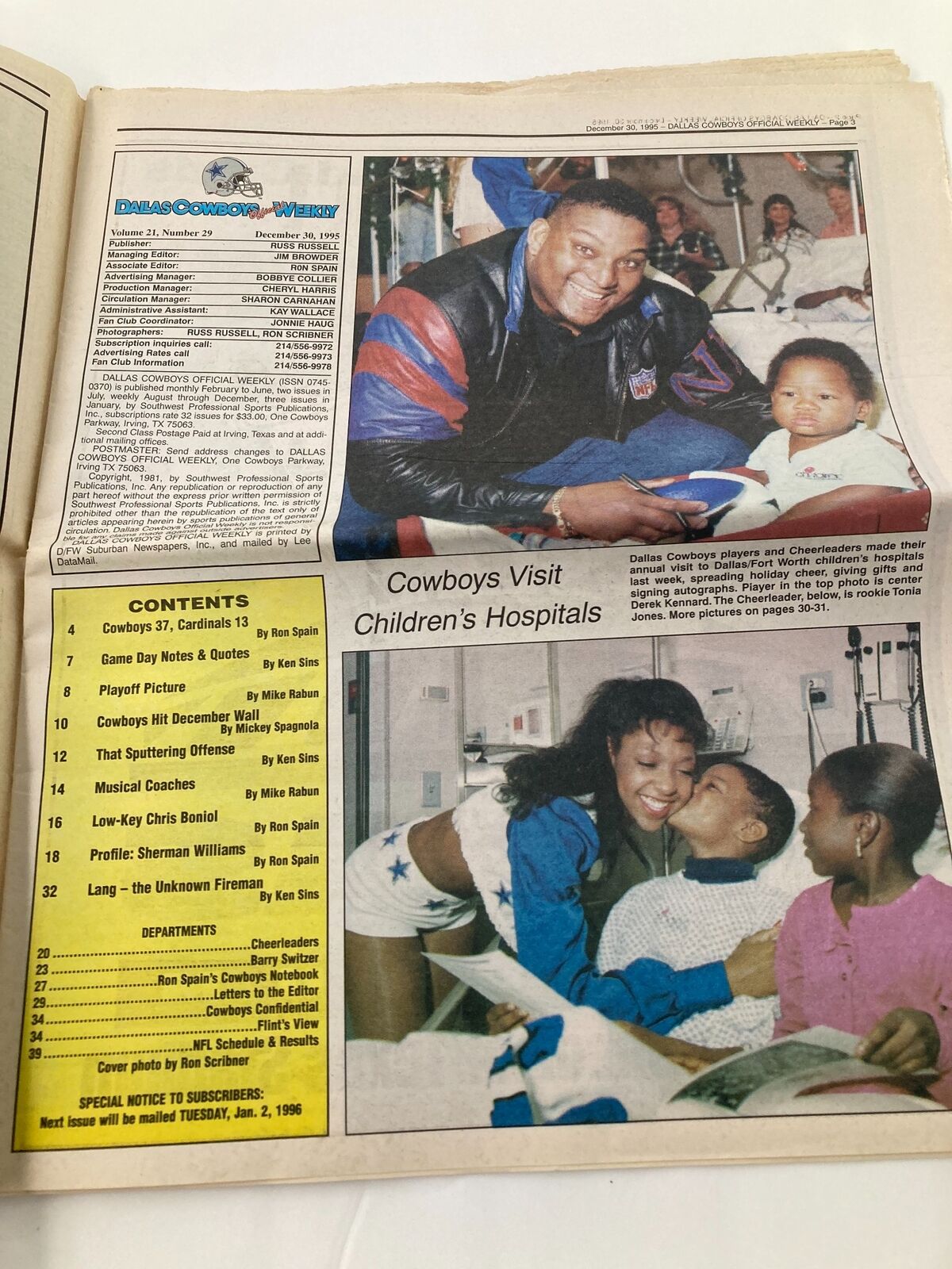 Inside page of the Dallas Cowboys Weekly Newspaper December 30 1995 Vol 21 #29, showcasing an article and images of players visiting children in hospitals.