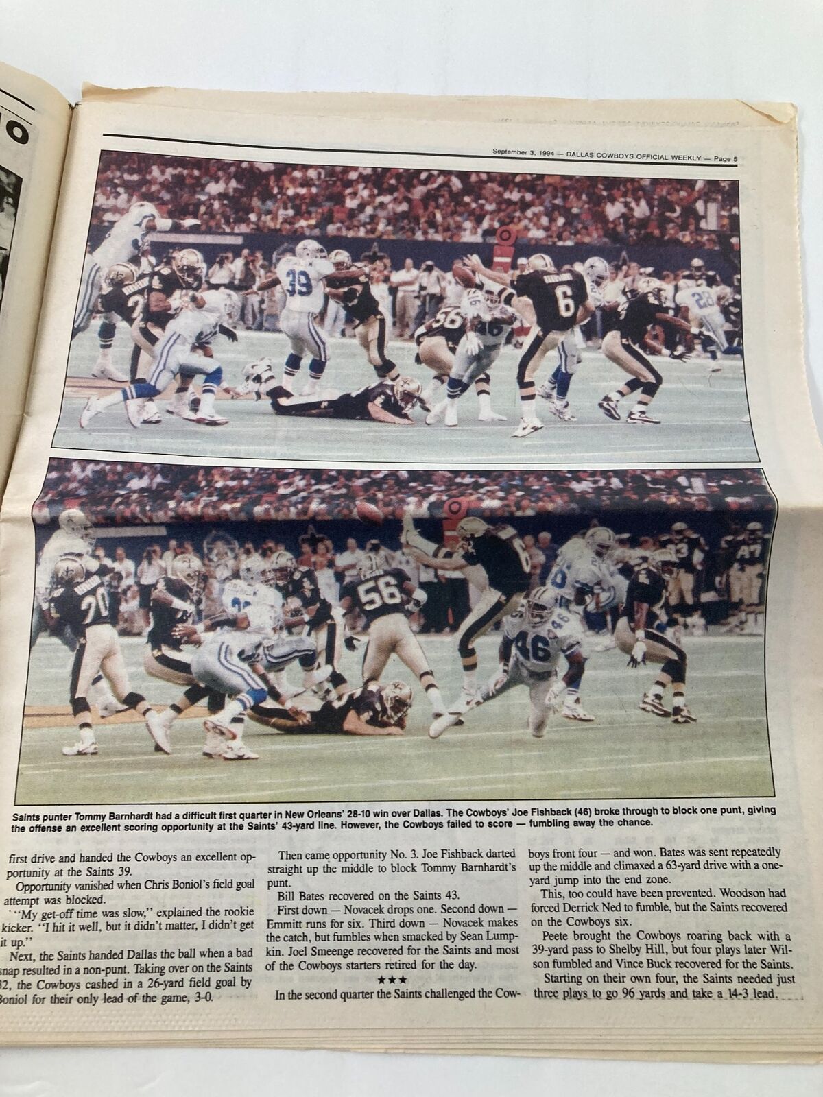 Second inside page of Dallas Cowboys Weekly Newspaper September 3 1994 featuring a game moment, showing the Cowboys defense in action against the Saints during a play.