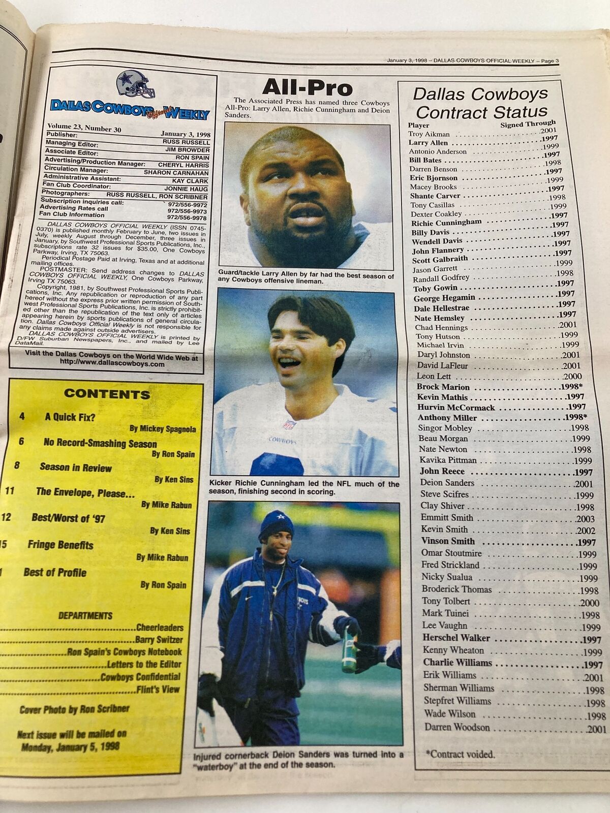 Interior page of Dallas Cowboys Weekly Newspaper from January 3, 1998, showcasing the All-Pro section and player statistics.