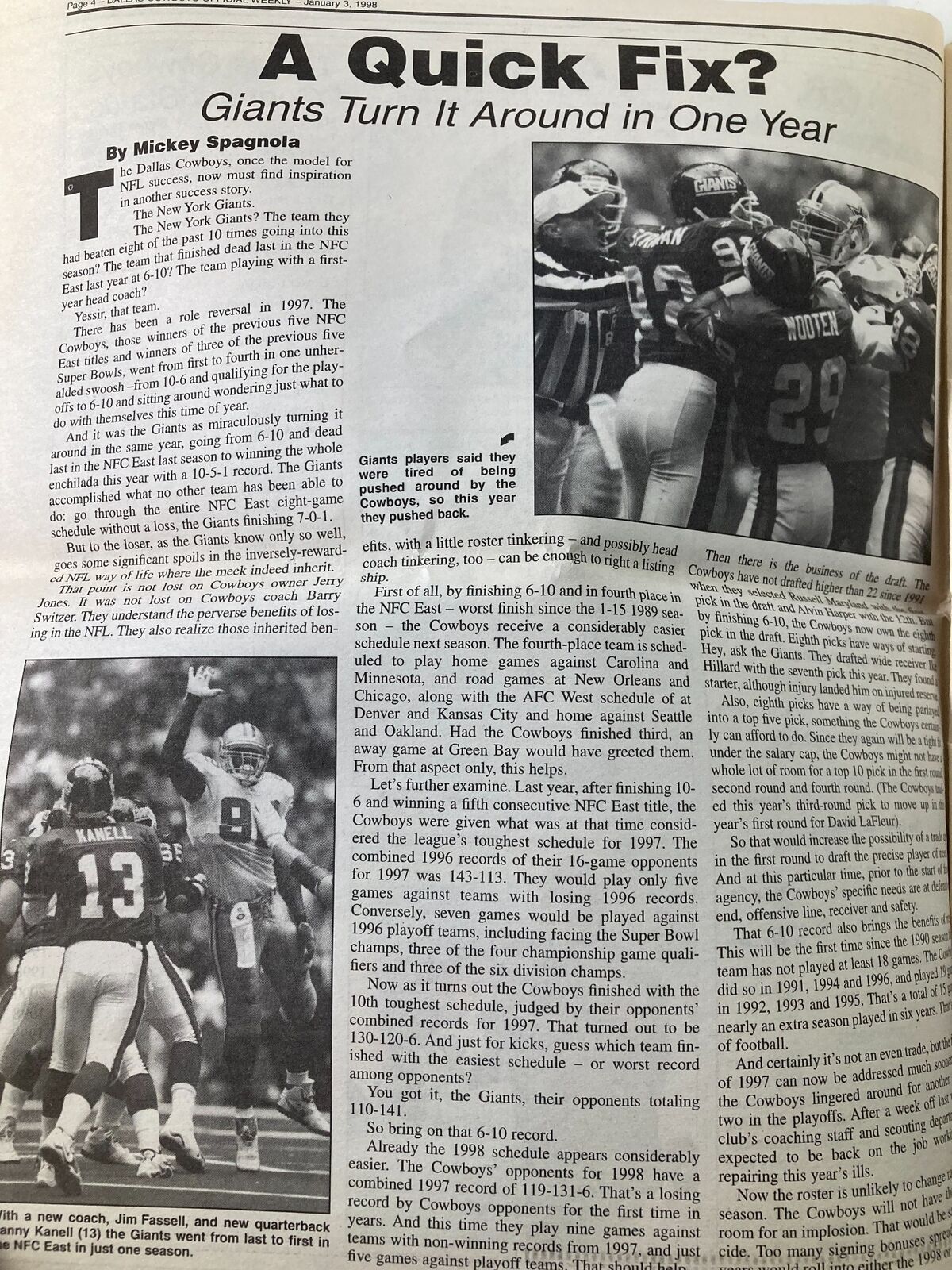 Article page from Dallas Cowboys Weekly Newspaper January 3, 1998, discussing strategic changes in the NFL and team performance.