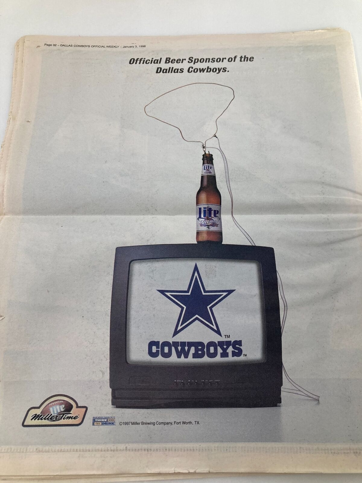 Dallas Cowboys Weekly Newspaper January 3 1998 Vol 23 #30 featuring an advertisement for Miller Lite, the official beer sponsor of the Dallas Cowboys, depicting a vintage TV with the Cowboys logo.